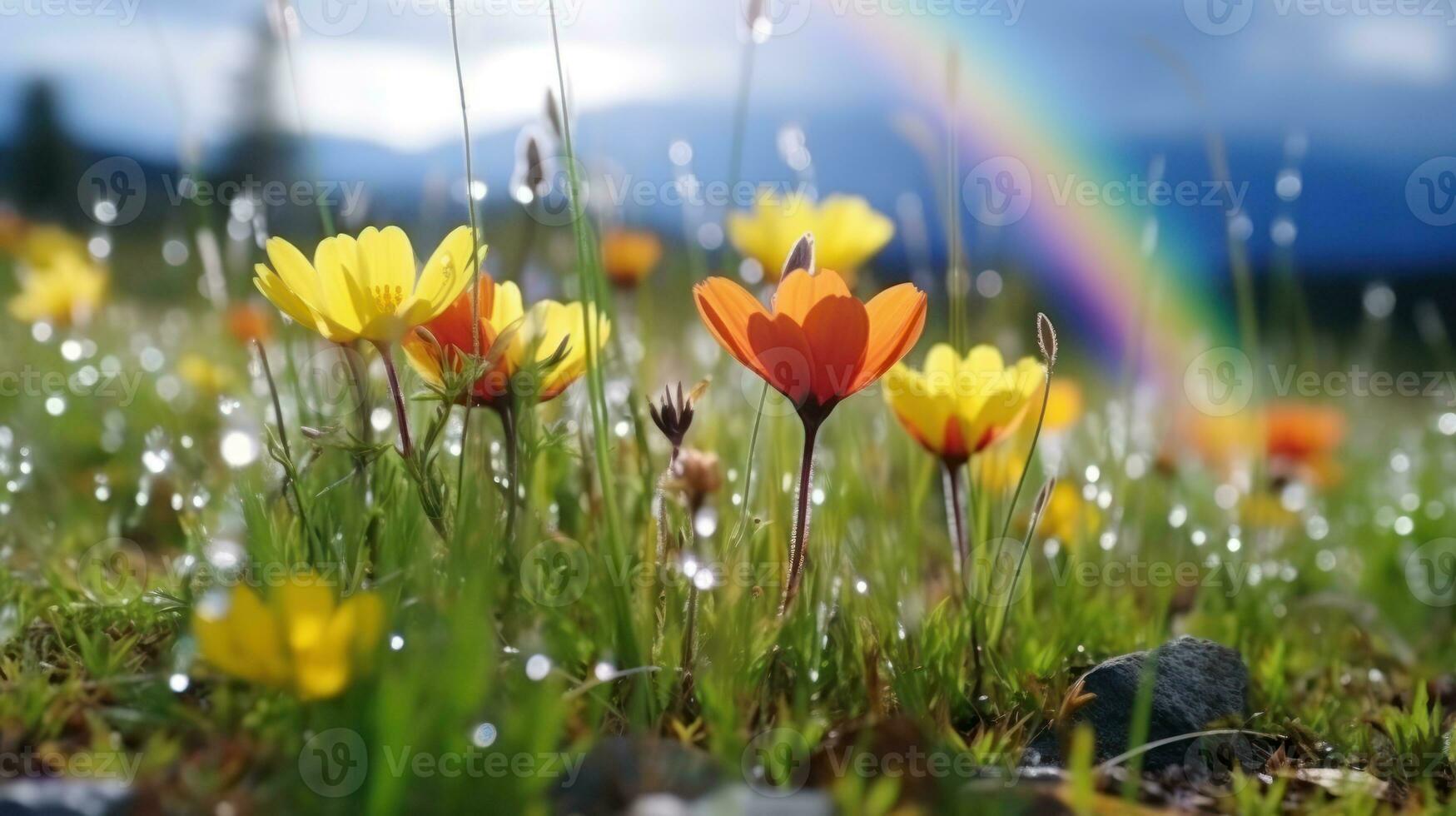 AI generated Flowers in the rain with a rainbow in the background. Generative AI photo