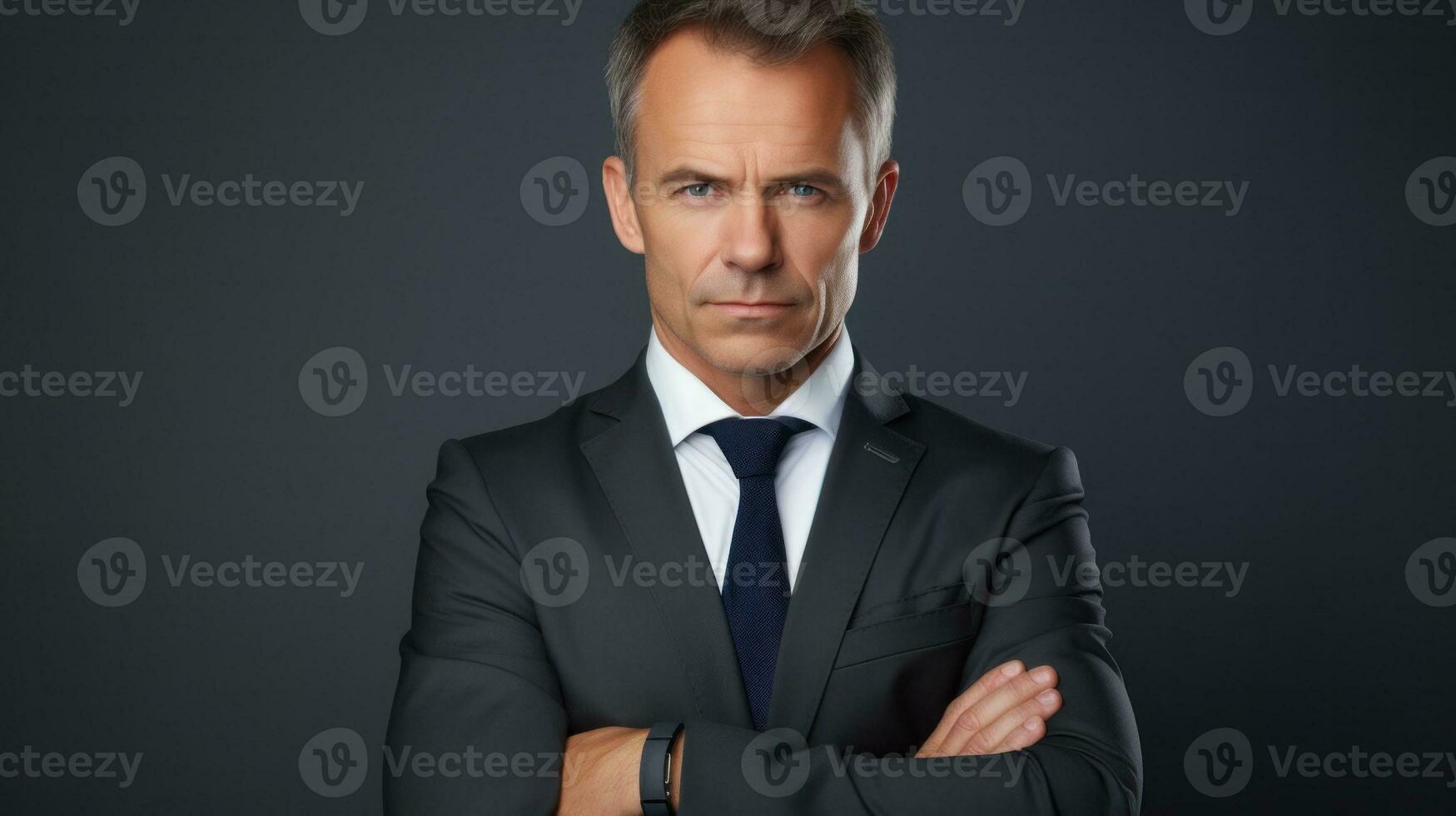 AI generated Stylish businessman in suit and tie against grey backdrop. Generative AI photo