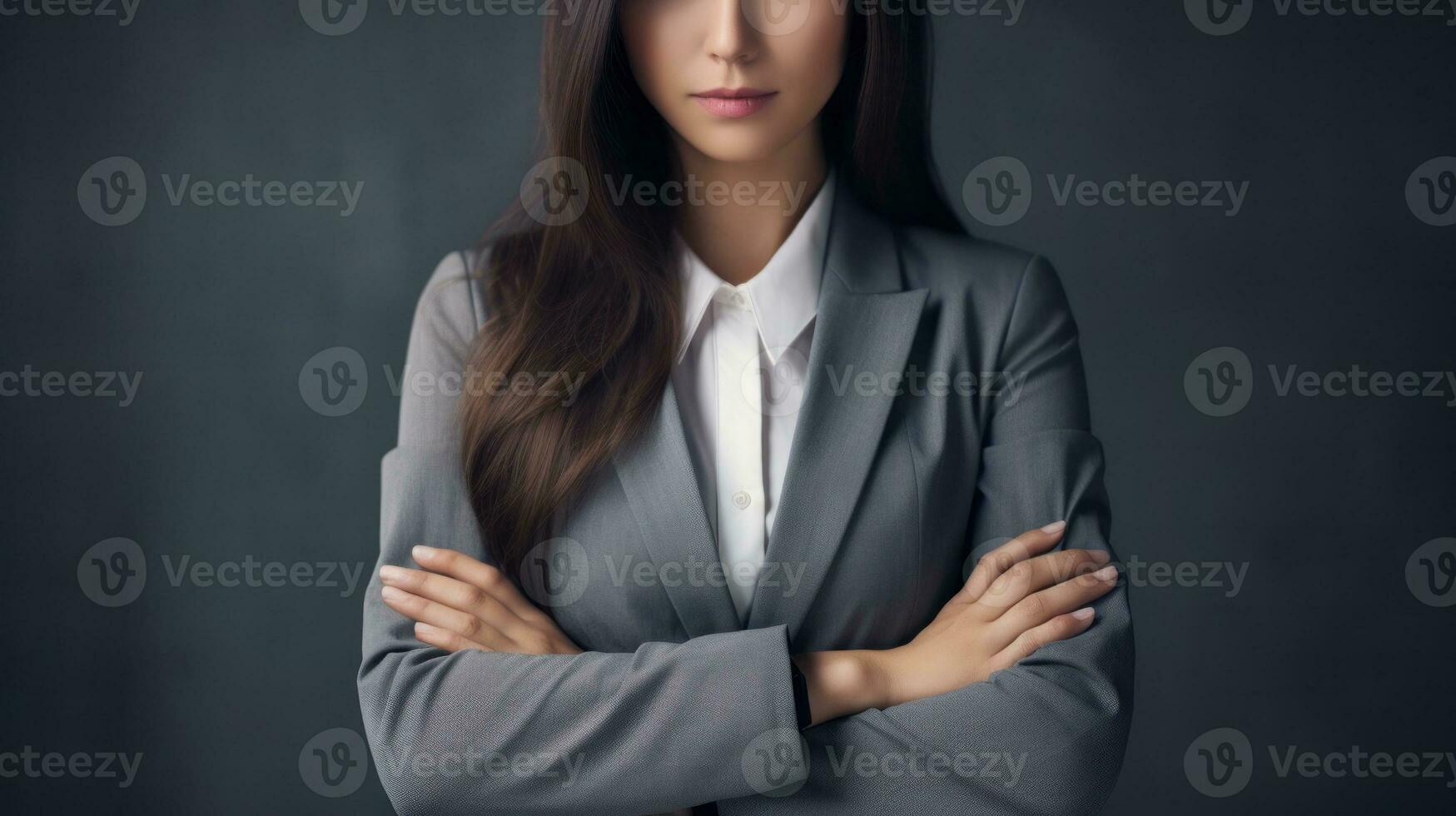 AI generated A professional young woman wearing a suit, exuding elegance and confidence in her business attire. Generative AI photo