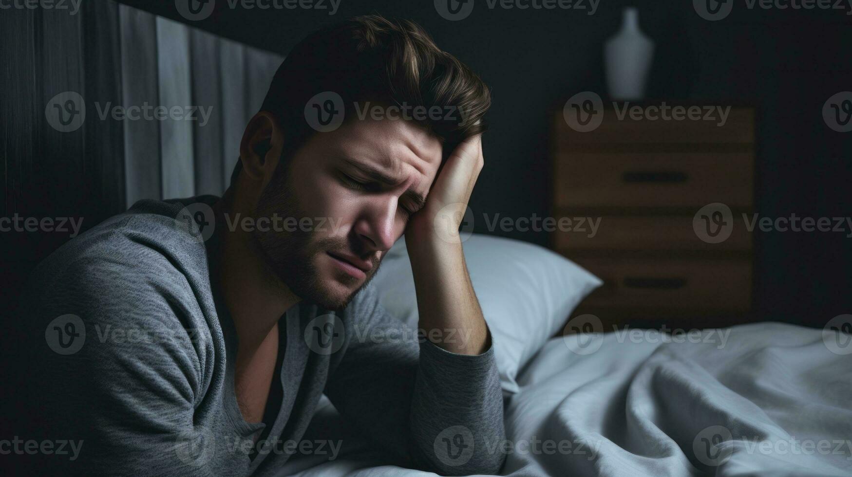 ai generado un hombre teniendo problema dormido en cama. generativo ai foto