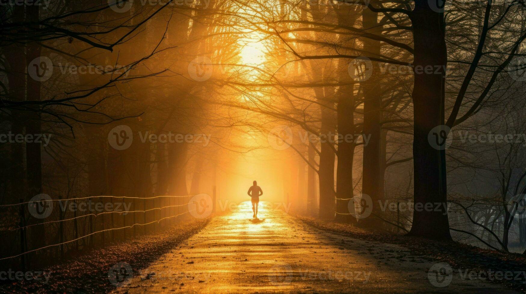 ai generado un persona trotar en un camino en el bosque a amanecer. generativo ai foto