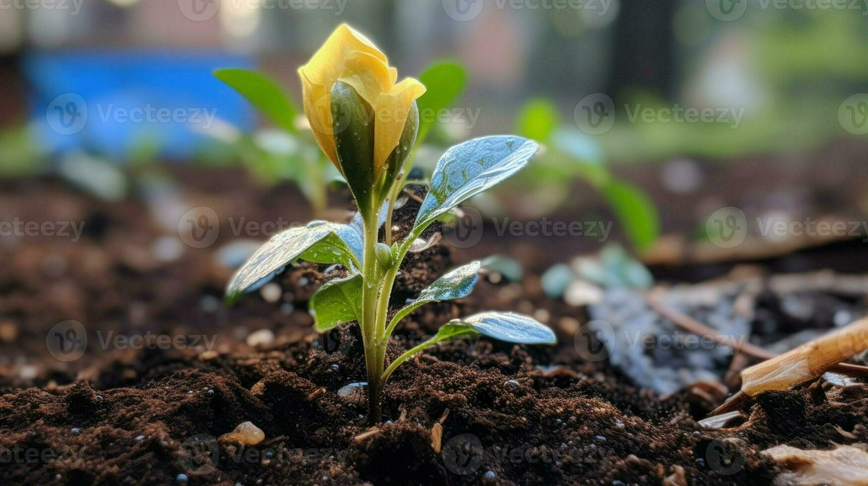 ai generado un vibrante amarillo flor cierne en el suelo. generativo ai foto