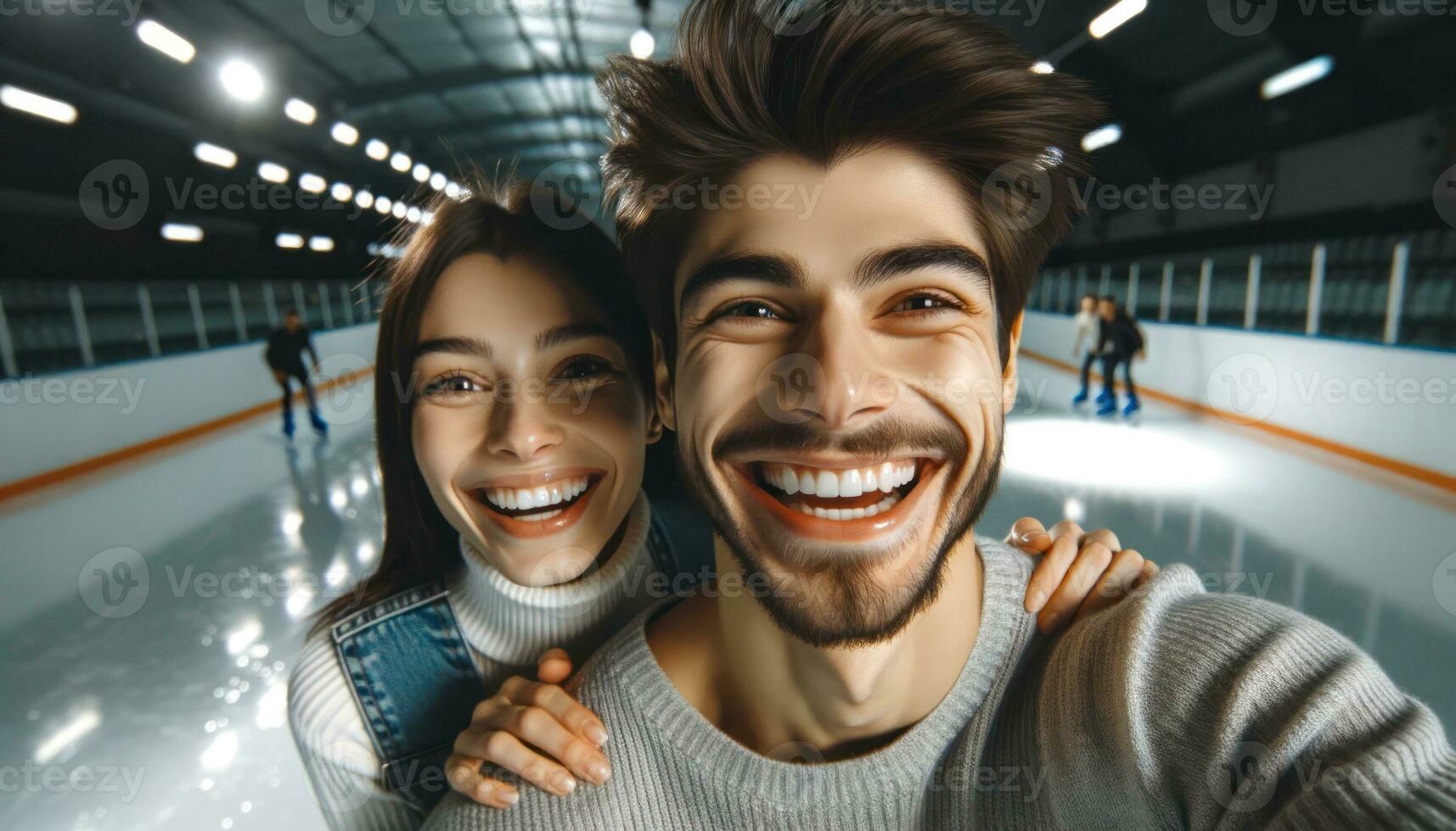 ai generado contento Pareja Patinaje en el hielo pista. generativo ai foto