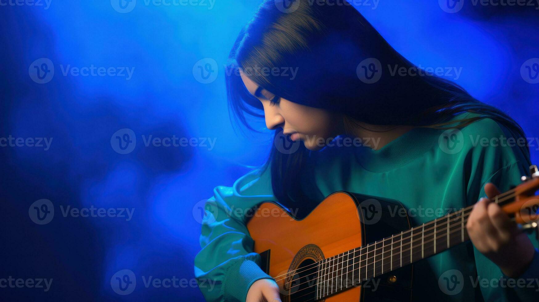 AI generated Acoustic guitar performance by female artist. Generative AI photo