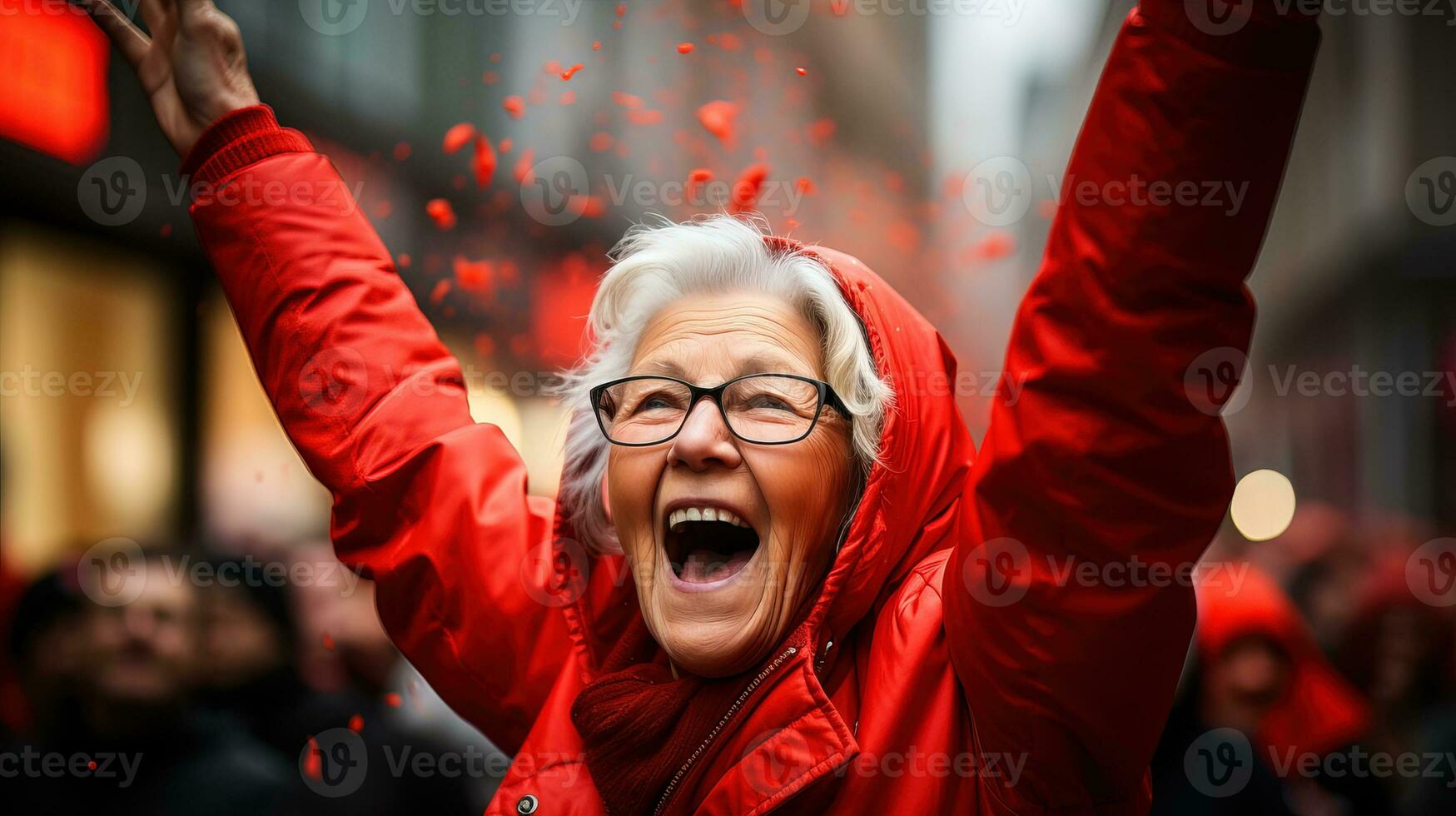 AI generated Old woman celebrating with joy on the streets of the city. Generative AI photo