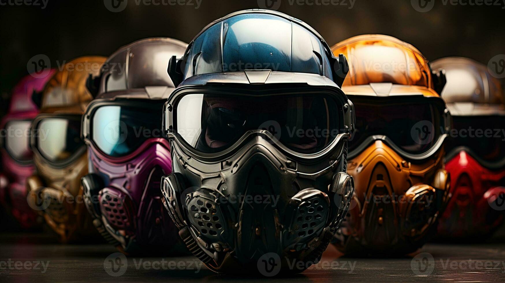 AI generated A variety of paintball masks in different colors, ready for players to choose from and protect their faces during the game. Generative AI photo