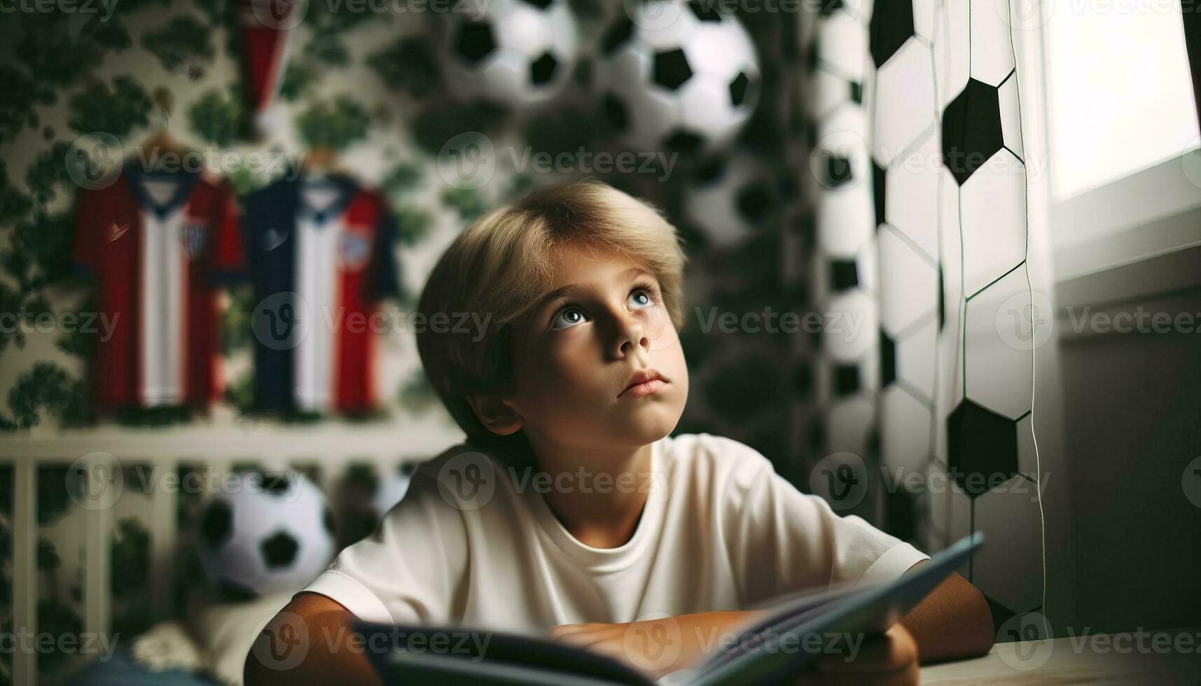 AI generated A young boy engrossed in reading a book. Generative AI photo