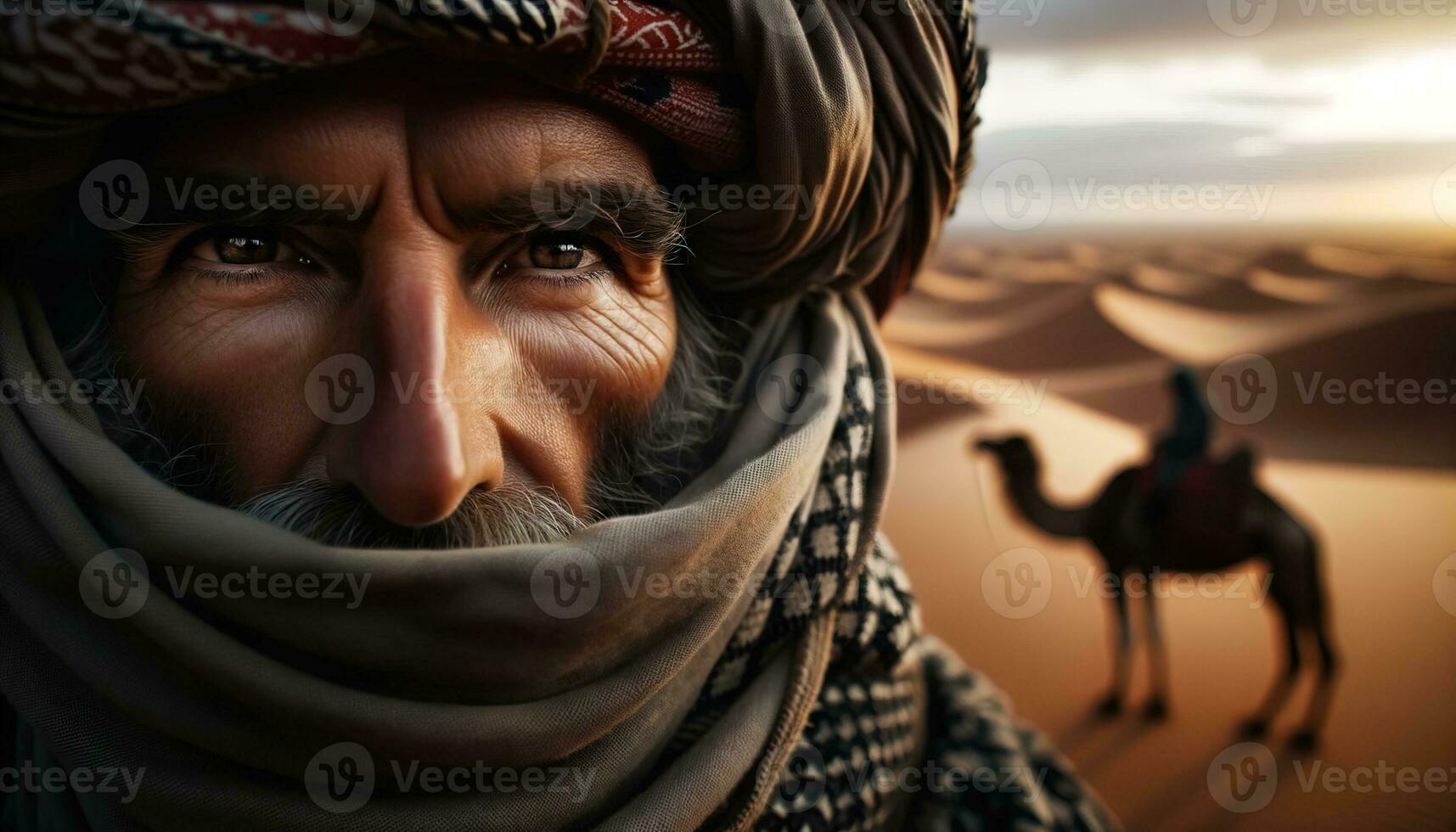 AI generated A desert nomad guiding a caravan of camels across the endless sand dunes of the desert. Generative AI photo