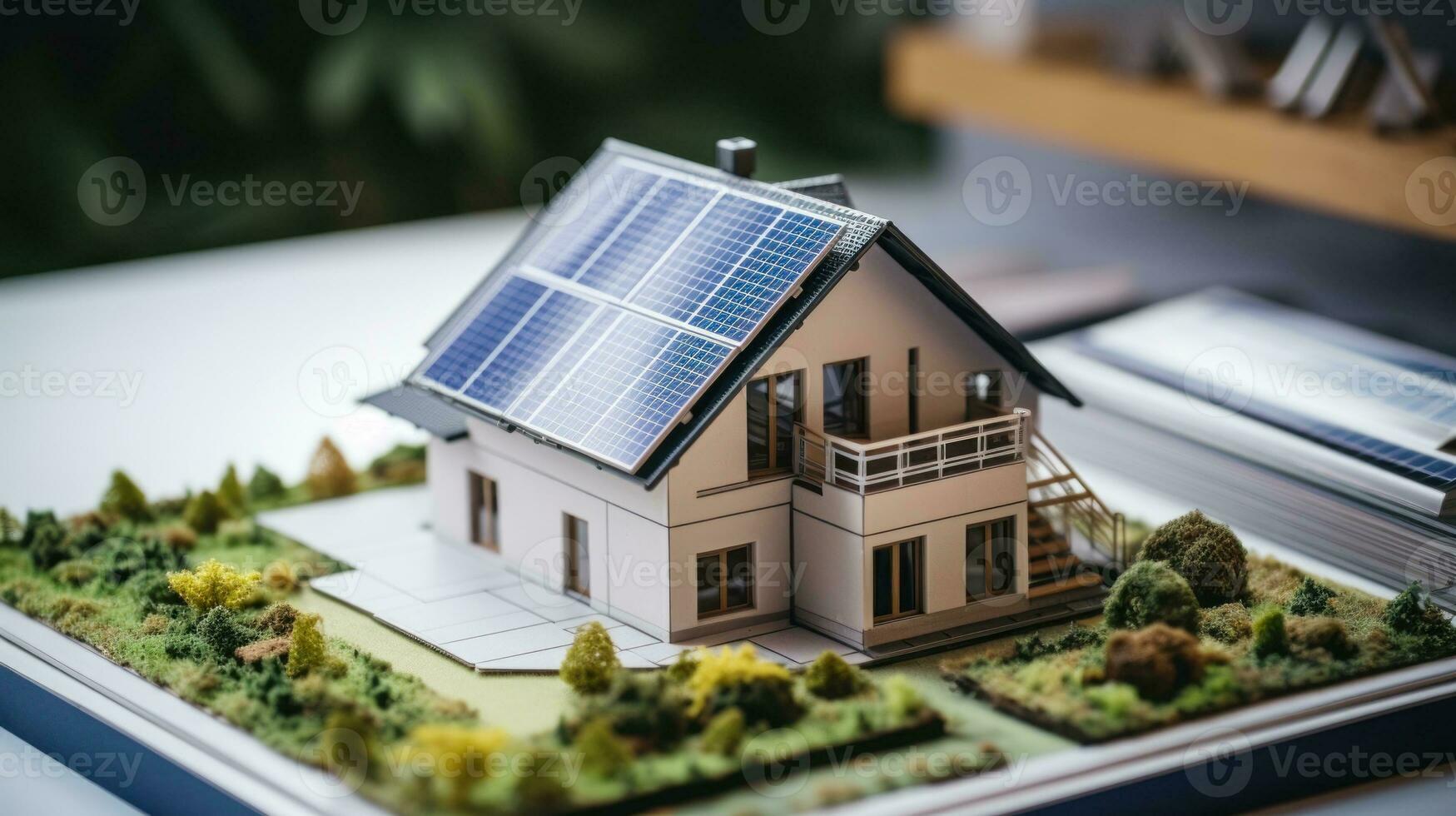 AI generated A house model with solar panels, showcasing sustainable energy solutions for a greener future. Generative AI photo