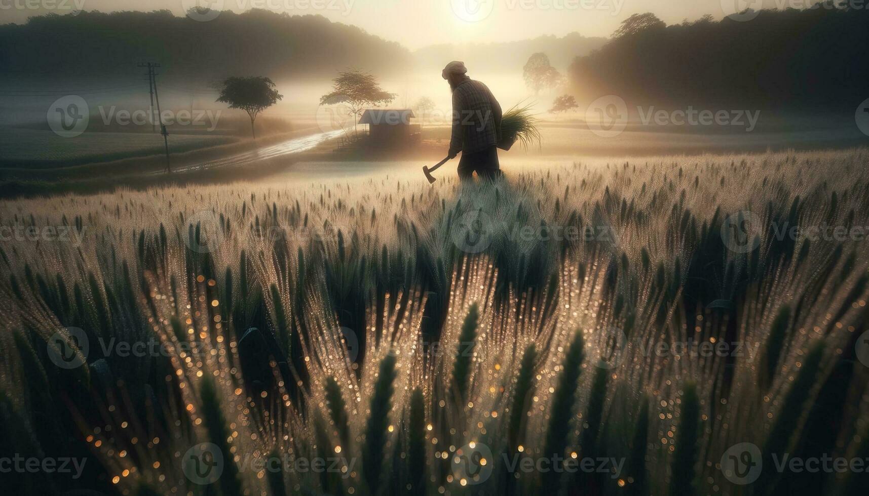 AI generated A farmer doing his daily work in a field early in the morning. Generative AI photo
