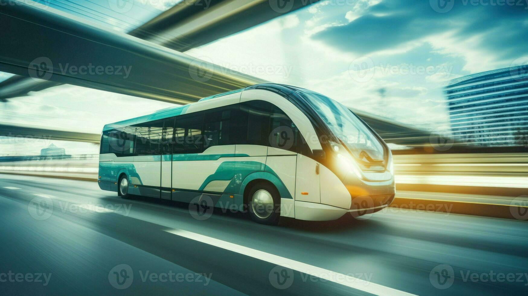 ai generado autobús exceso de velocidad en el autopista aislado con el ciudad en el antecedentes. generativo ai foto