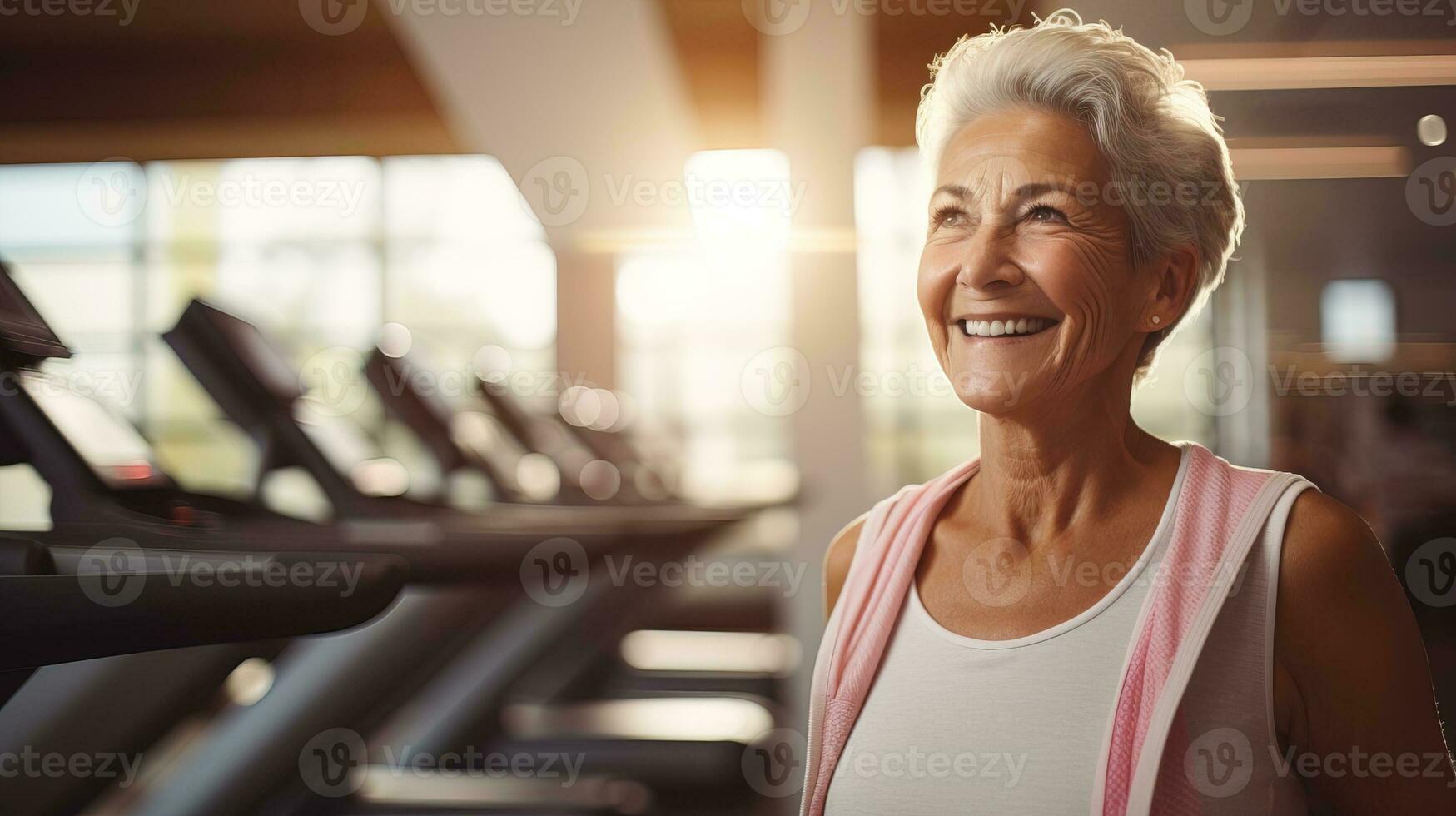 ai generado un más viejo mujer a el gimnasio quien irradia felicidad y determinación. generativo ai foto