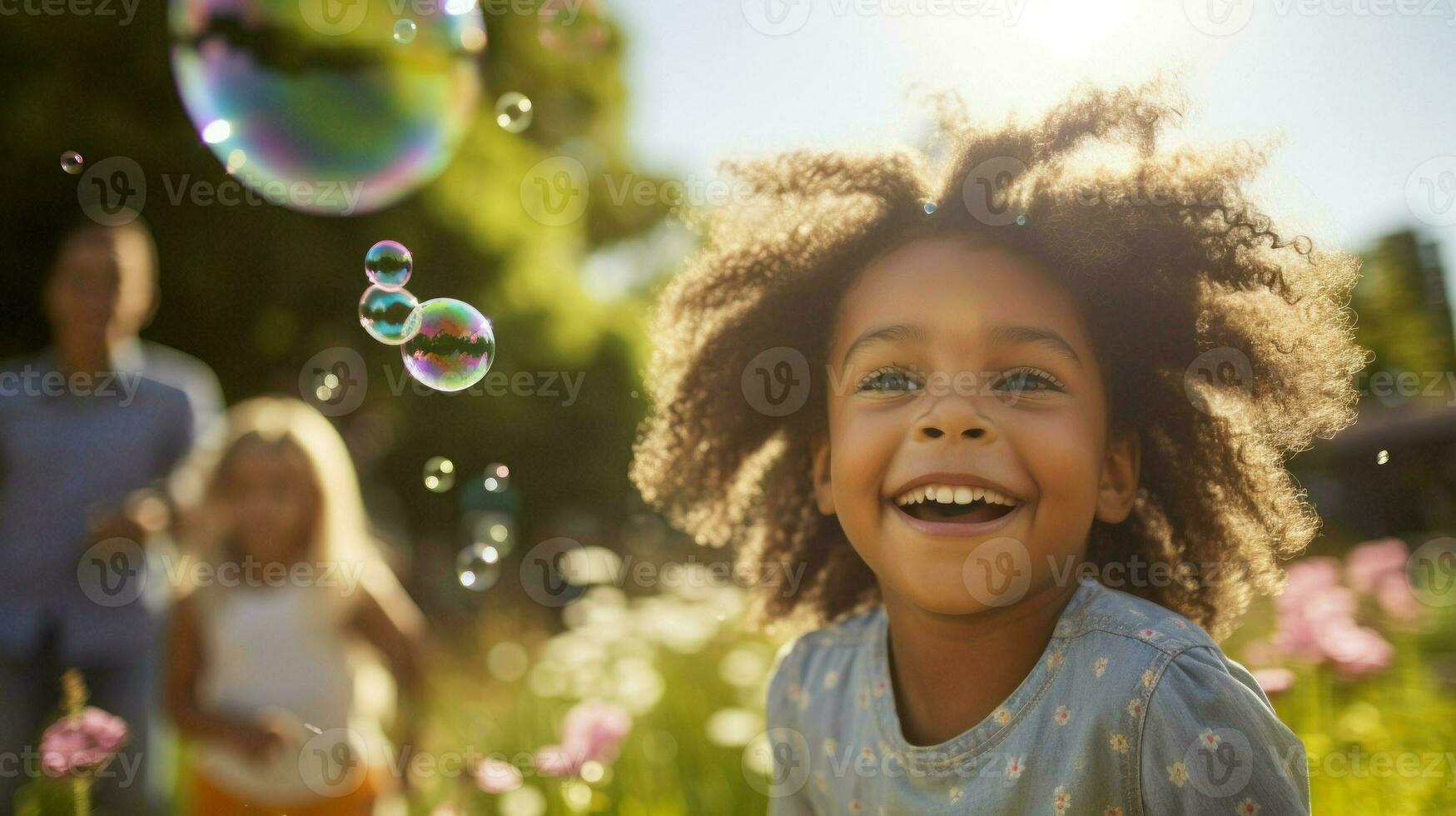 AI generated An exuberant young boy enjoys the simple pleasure of playing with soap bubbles. Generative AI photo