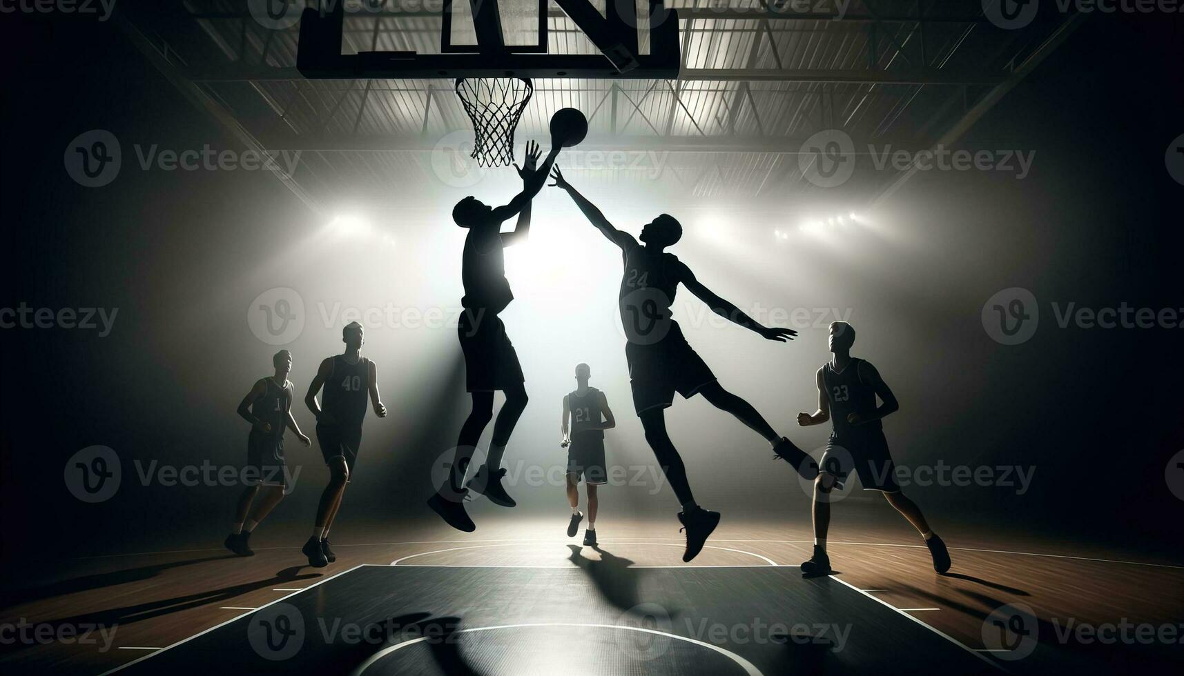 AI generated Silhouettes of basketball players on a dimly lit court. Generative AI photo