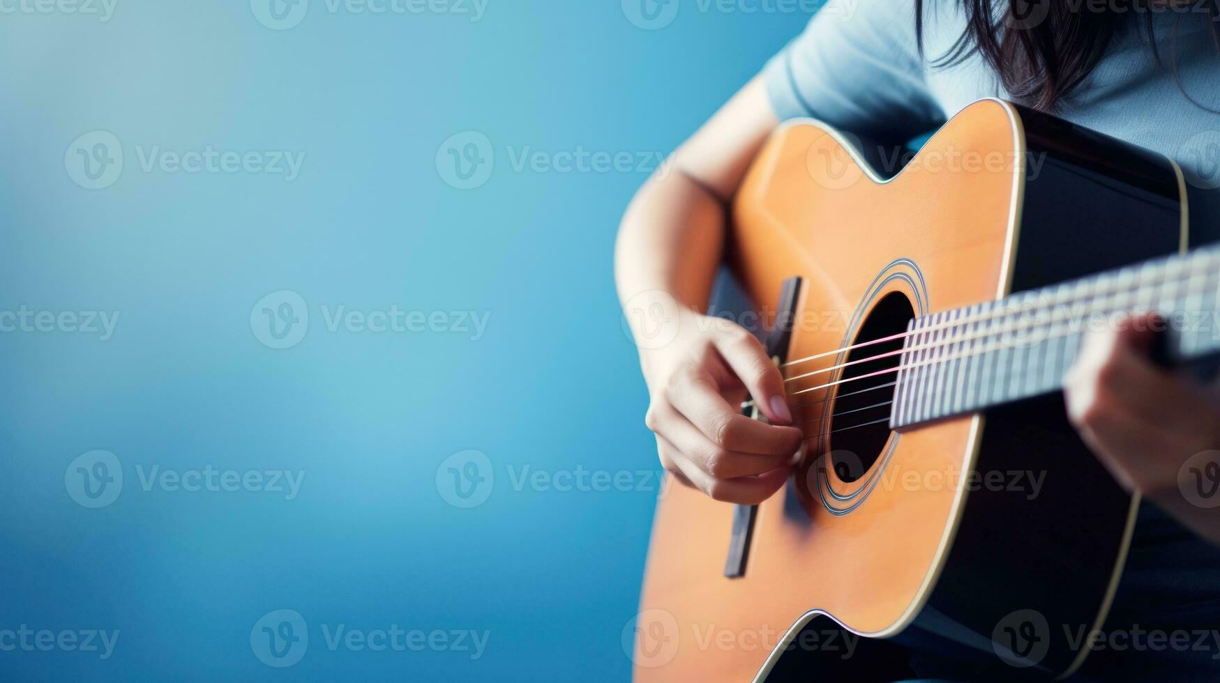 AI generated A skilled musician captivates the audience with their acoustic guitar, producing enchanting music through their skilled playing. Generative AI photo