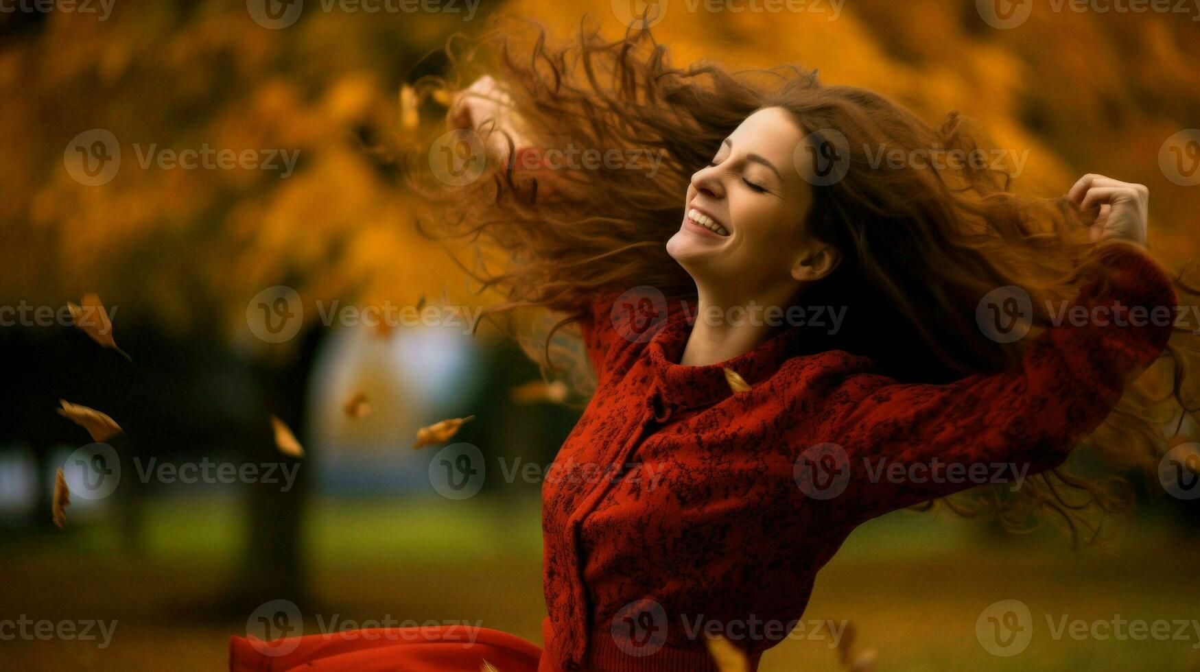 AI generated A woman in a red dress joyfully throws colorful autumn leaves into the air. Generative AI photo