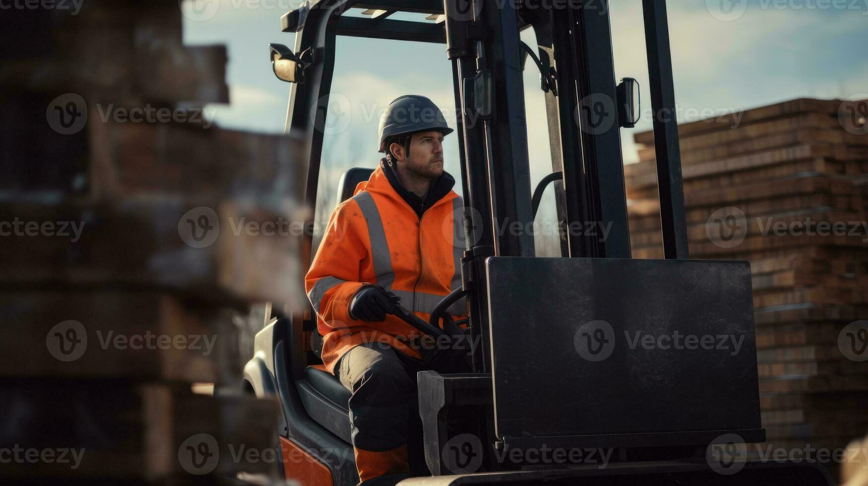 AI generated A man in an orange jacket and vest drives a forklift transporting supplies in a warehouse. Generative AI photo