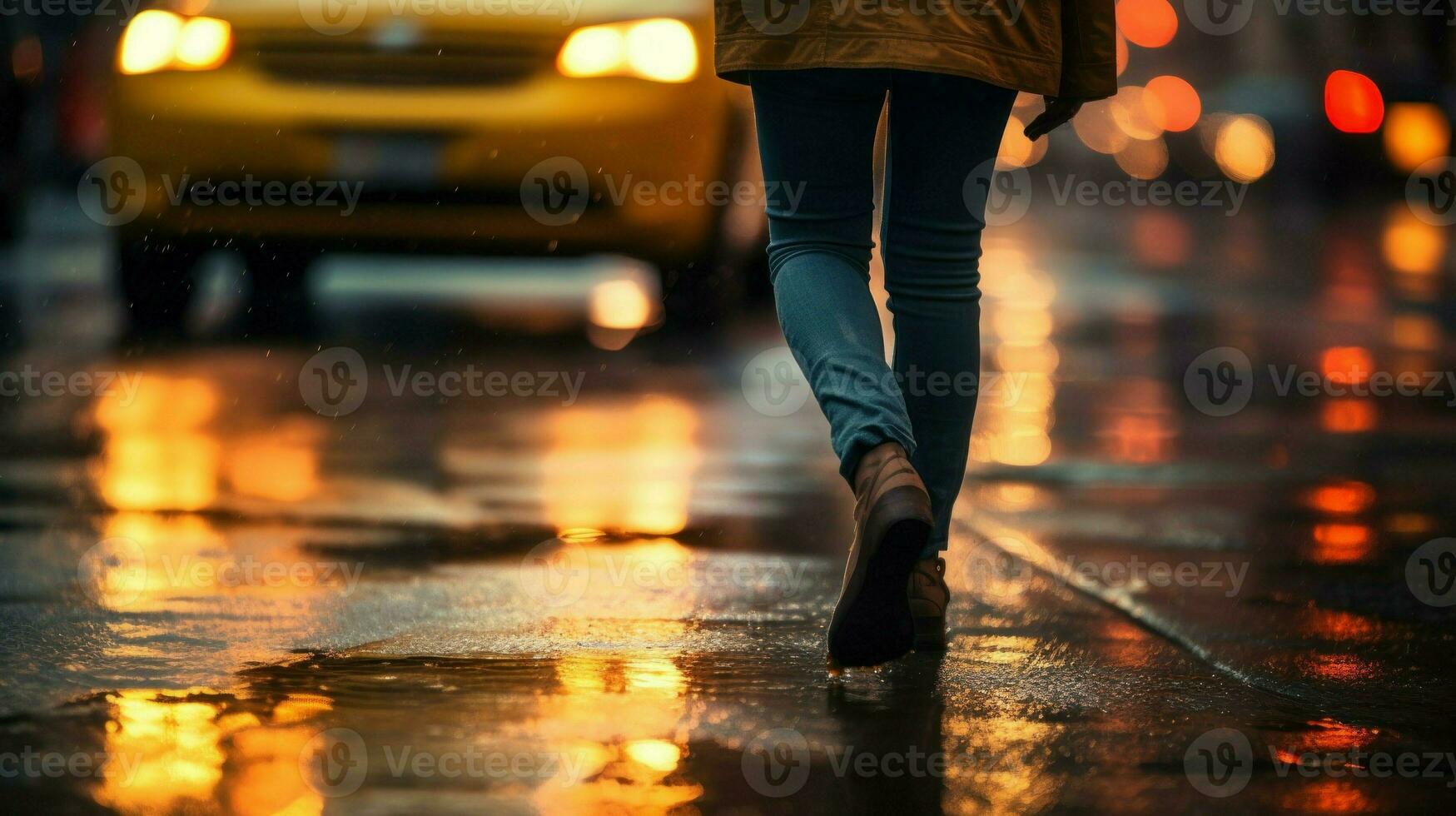 AI generated People walking on wet street at night when street lamps illuminate the night. Generative AI photo