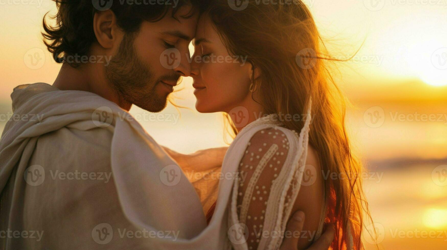 A couple hugging on a beach at sunset, expressing their love and enjoying the beautiful scenery. Generative AI photo