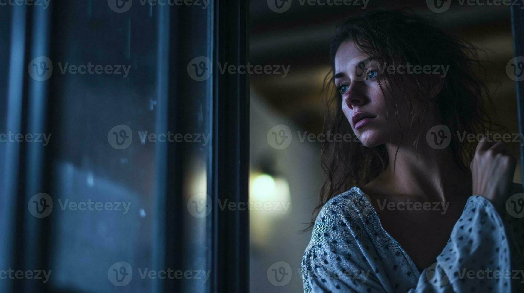 AI generated Woman looks out the window hopefully at night. Generative AI photo