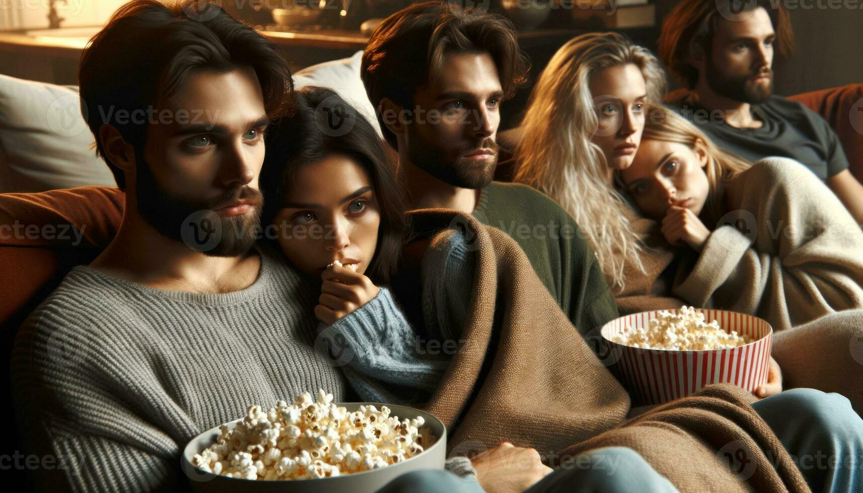 AI generated A group of friends sit on the couch and enjoy watching a movie while eating popcorn together. Generative AI photo