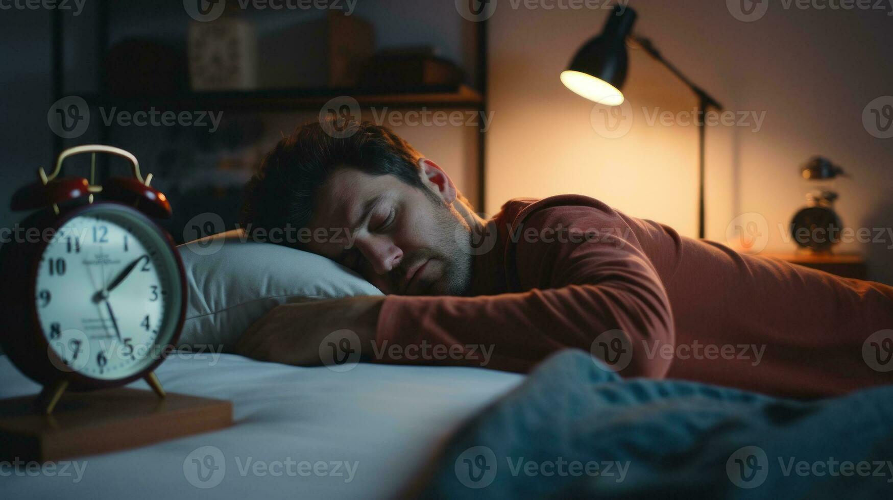 AI generated A man peacefully sleeping in bed with an alarm clock nearby, ready to wake him up. Generative AI photo