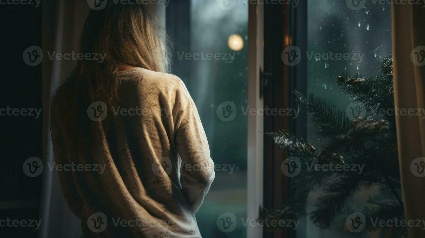 AI generated Woman looks out the window hopefully at night. Generative AI photo