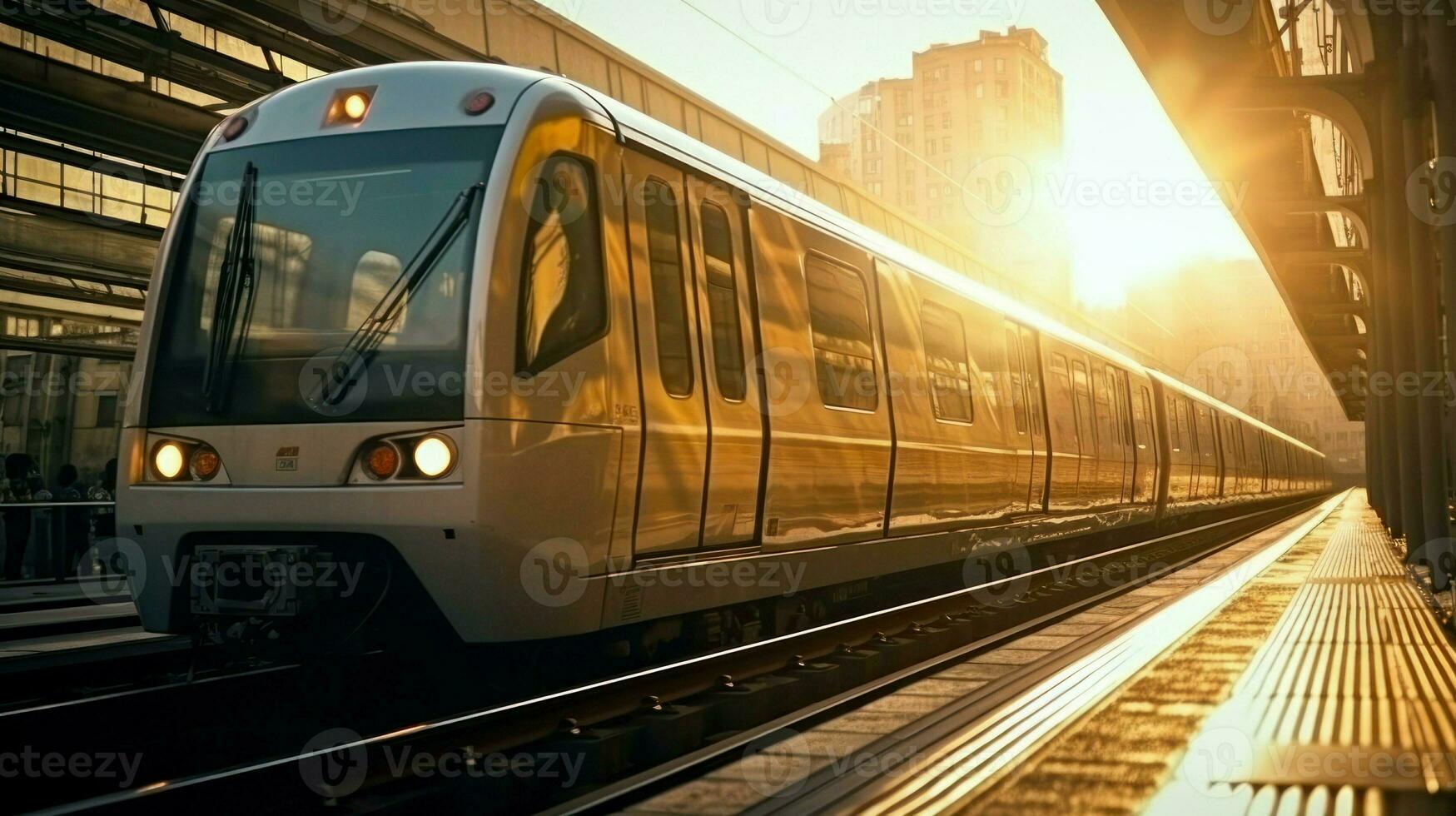 AI generated A train moving along the rails during sunset. Generative AI photo