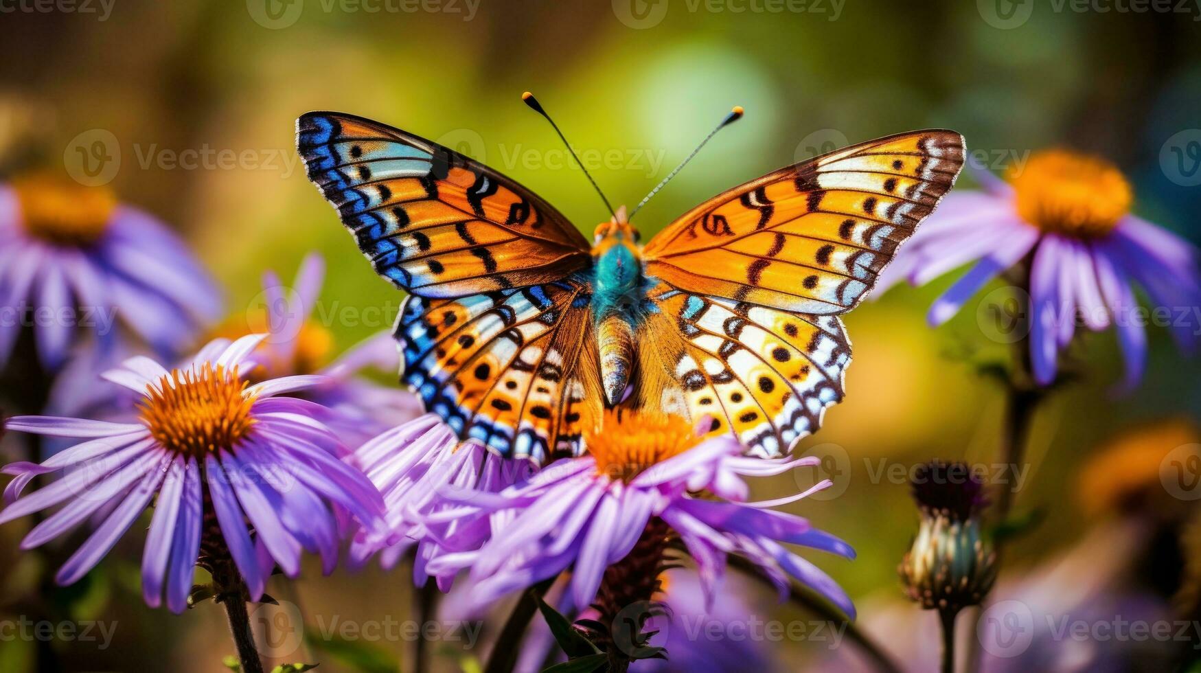 AI generated A butterfly perched on purple flowers. Generative AI photo