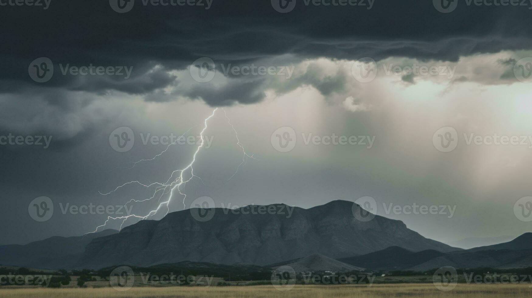 AI generated Lightning illuminates majestic mountain peaks during a storm. Generative AI photo