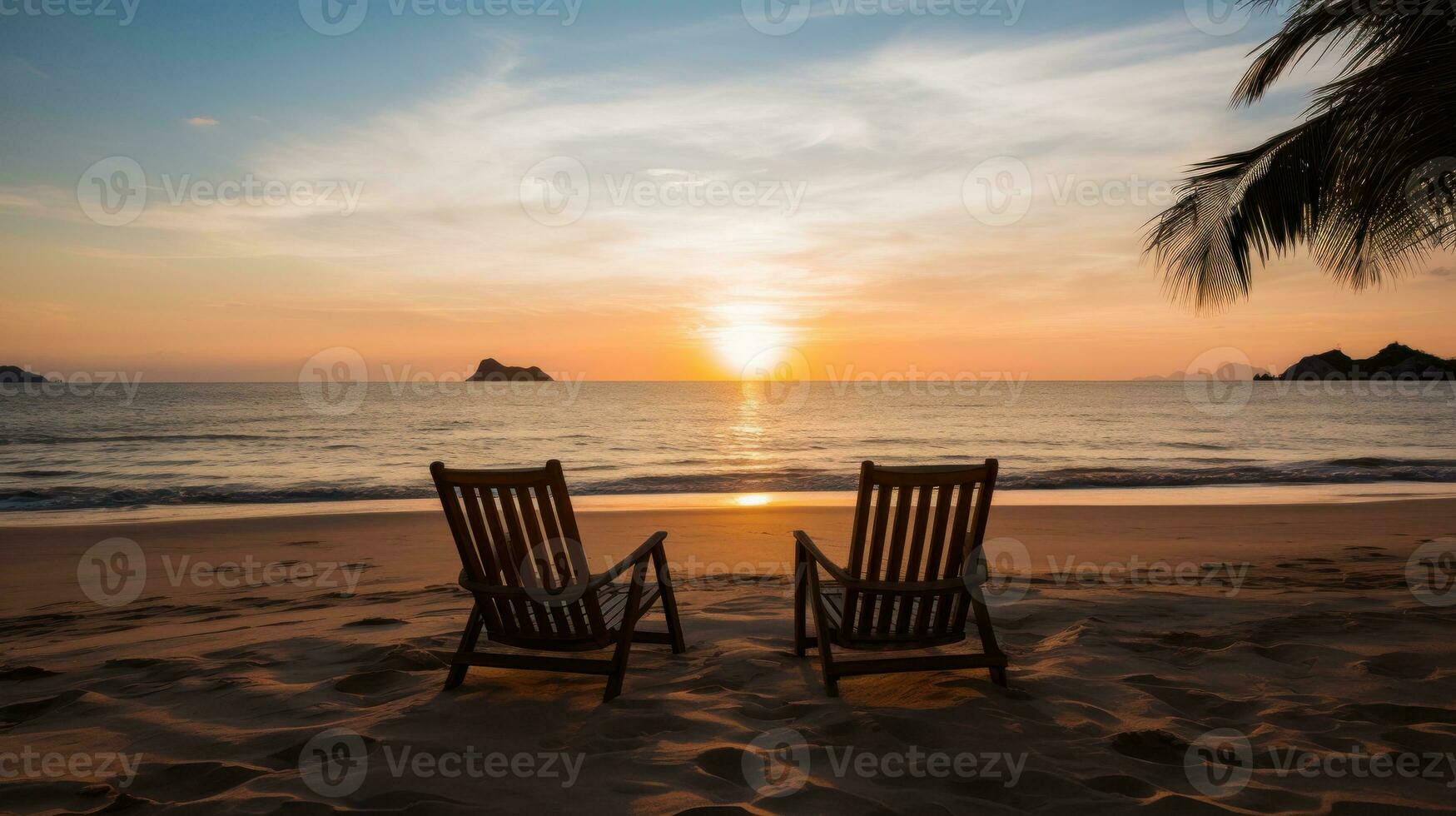 AI generated Two empty beach chairs on a sandy beach with the sun setting in the background. Generative AI photo