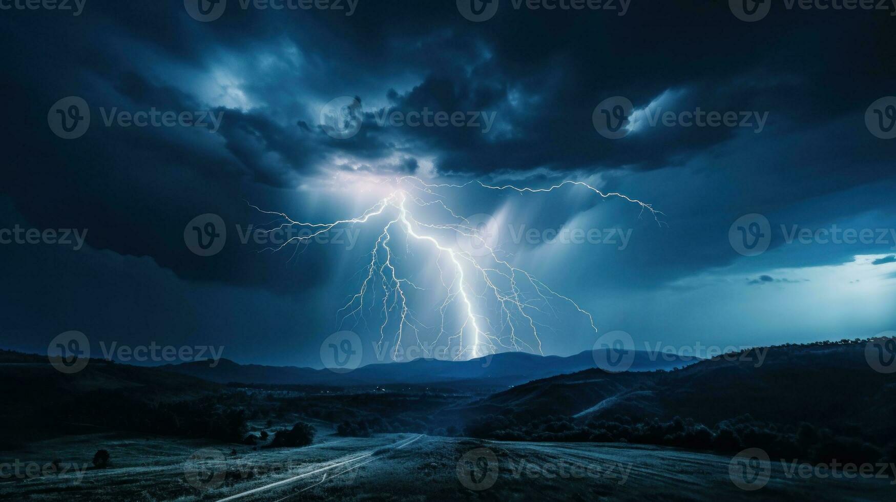 AI generated A dramatic lightning storm illuminates the night sky over the majestic mountains. Generative AI photo