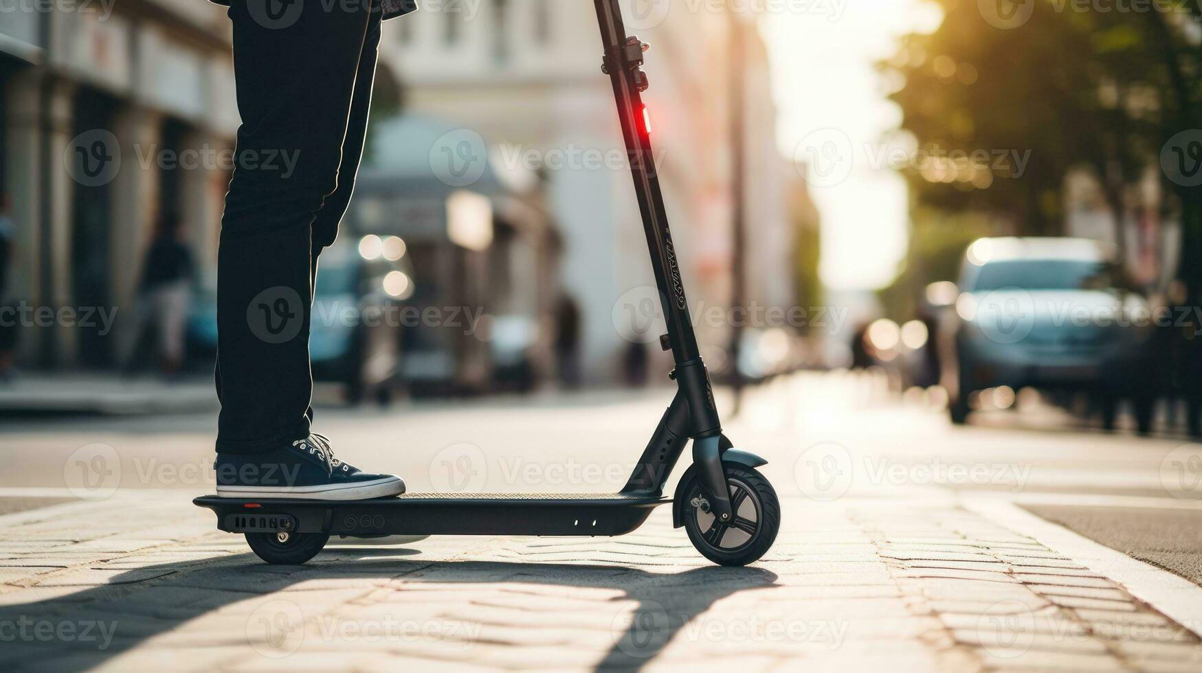 ai generado un persona montando un eléctrico scooter en un ciudad calle. generativo ai foto