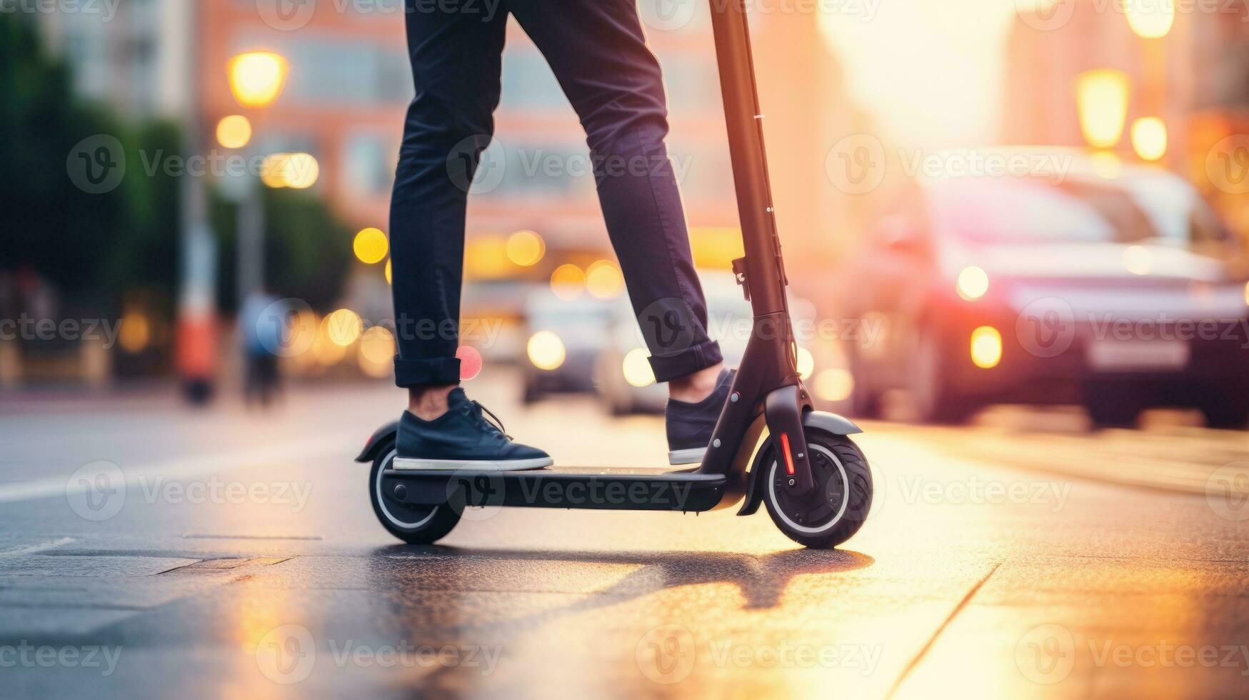 ai generado un persona montando un eléctrico scooter en un ciudad calle. generativo ai foto