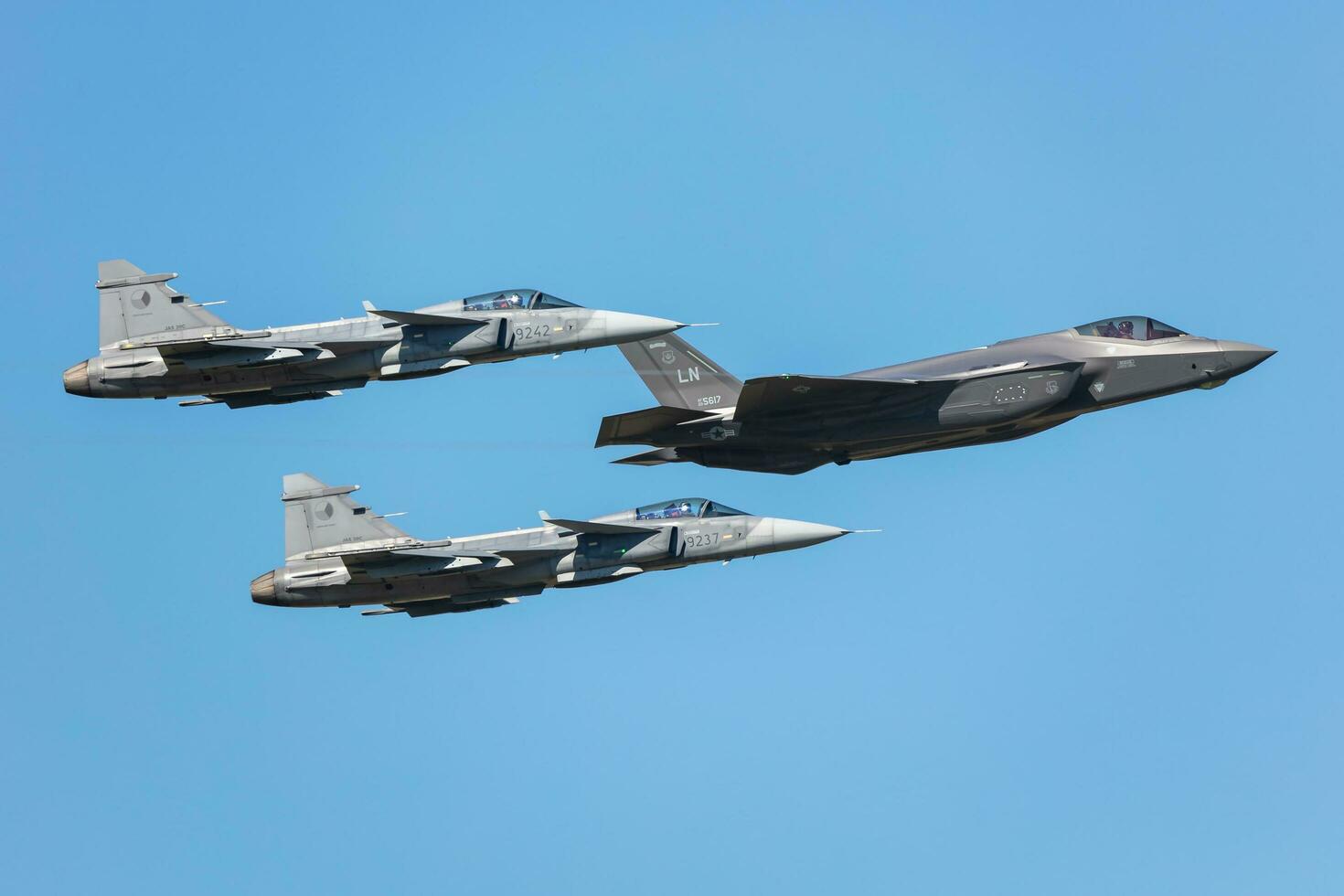 Ostrava, Czech Republic, 2023 - US Air Force USAF Lockheed F-35 Lightning II stealth fighter jet plane flying. Aviation and military aircraft. photo