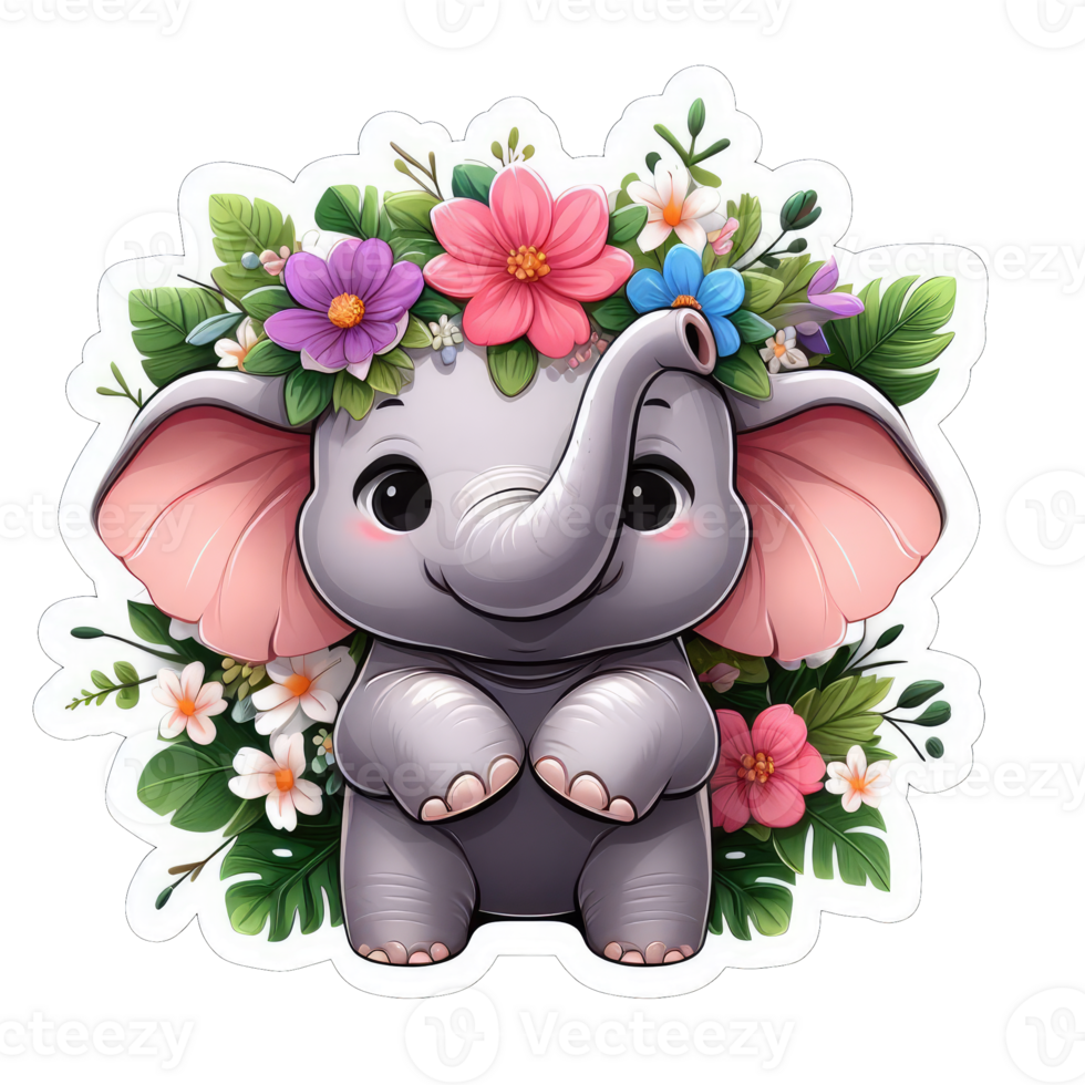 AI generated Elephant Calf in a Floral Ring, Sticker png