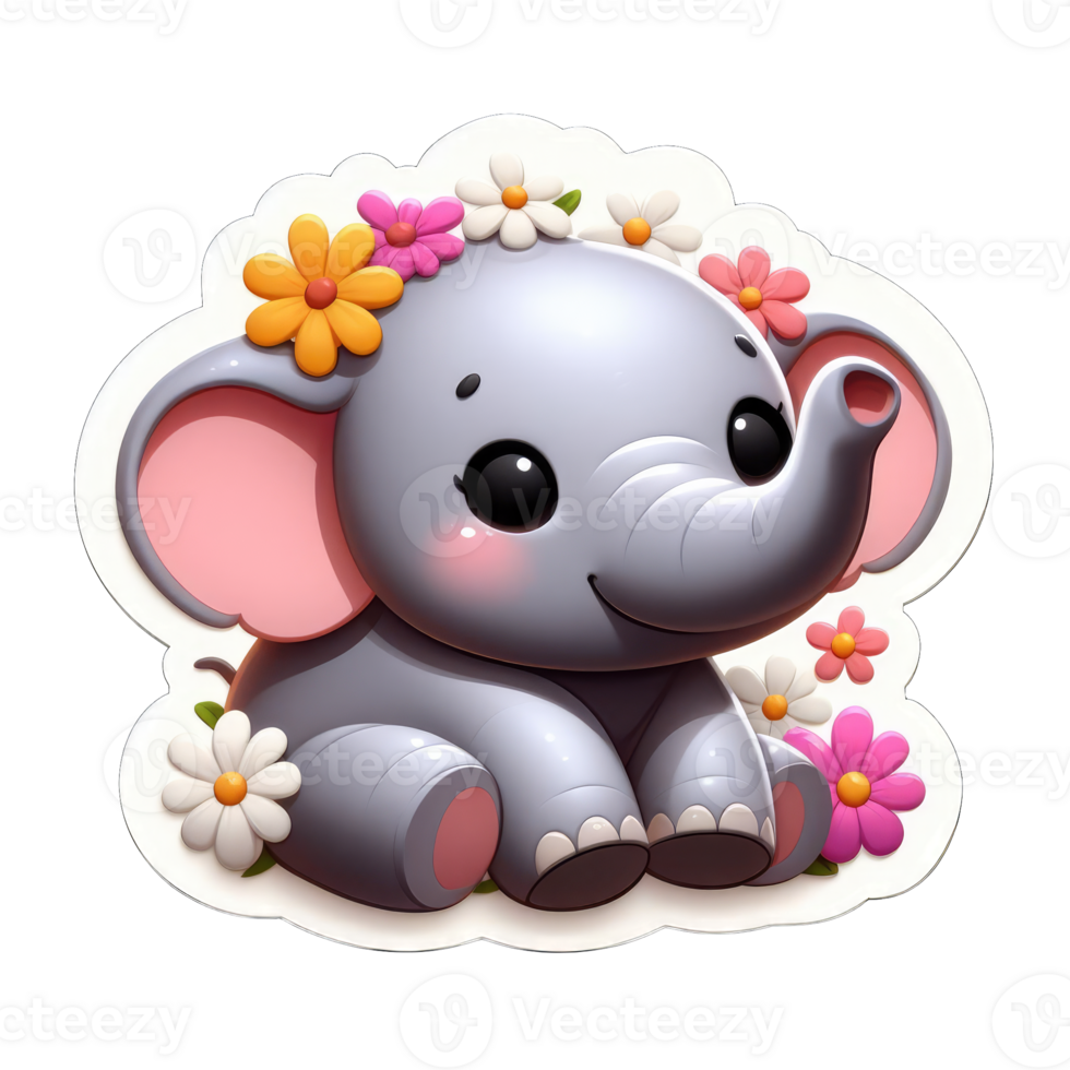 AI generated Elephant Calf in a Floral Ring, Sticker png