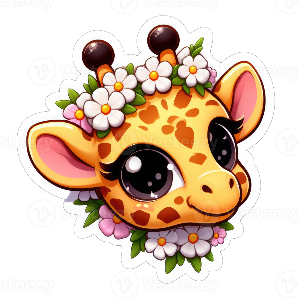 ai gegenereerd giraffe kalf in een bloemen lauwerkrans, sticker png