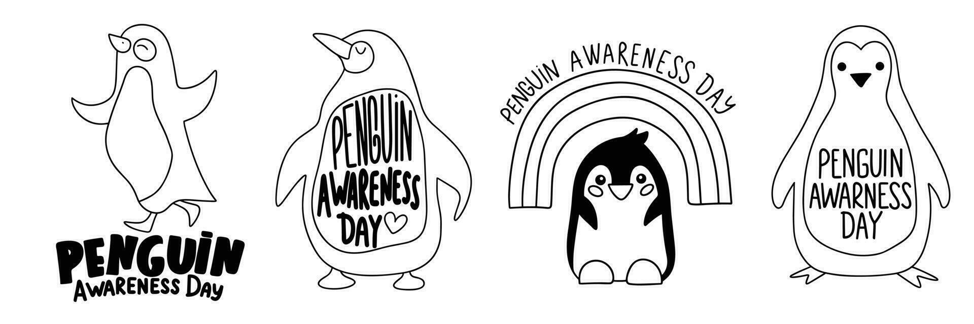 Collection of square text banner for Penguin Awareness Day. Handwriting text Penguin Awareness Day inscriptions set. Black text banners set. Hand drawn vector art