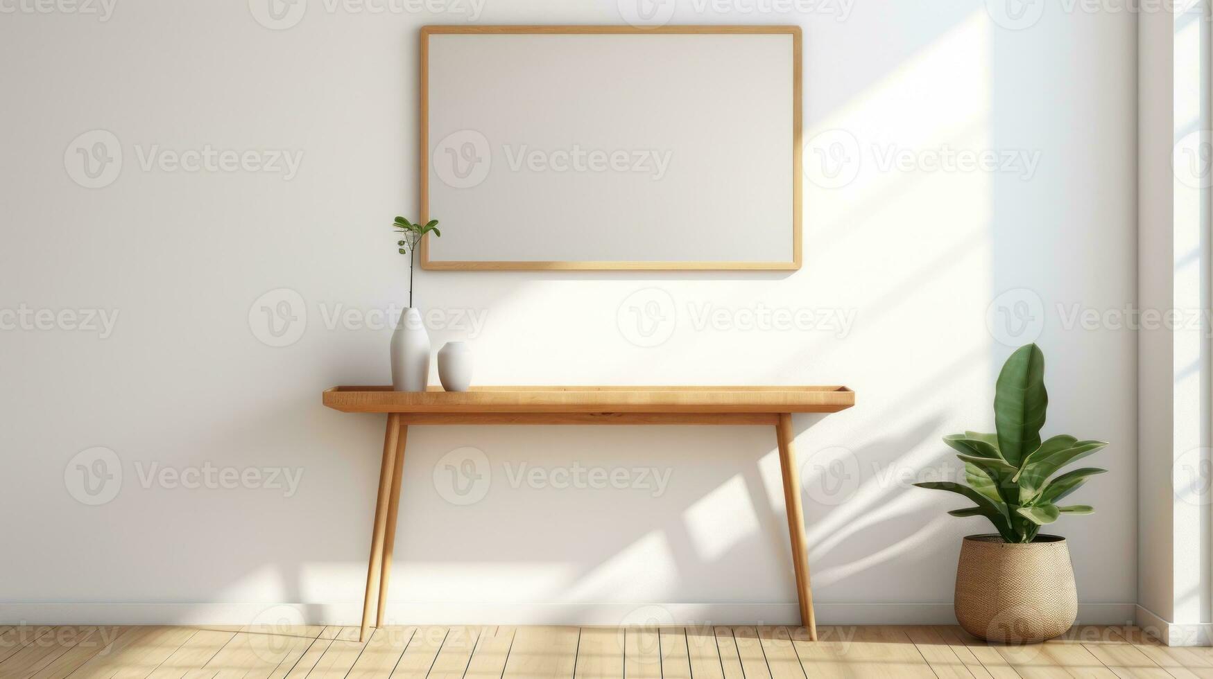 AI generated Wooden table and white board in front of the window in the living room. Generative AI photo