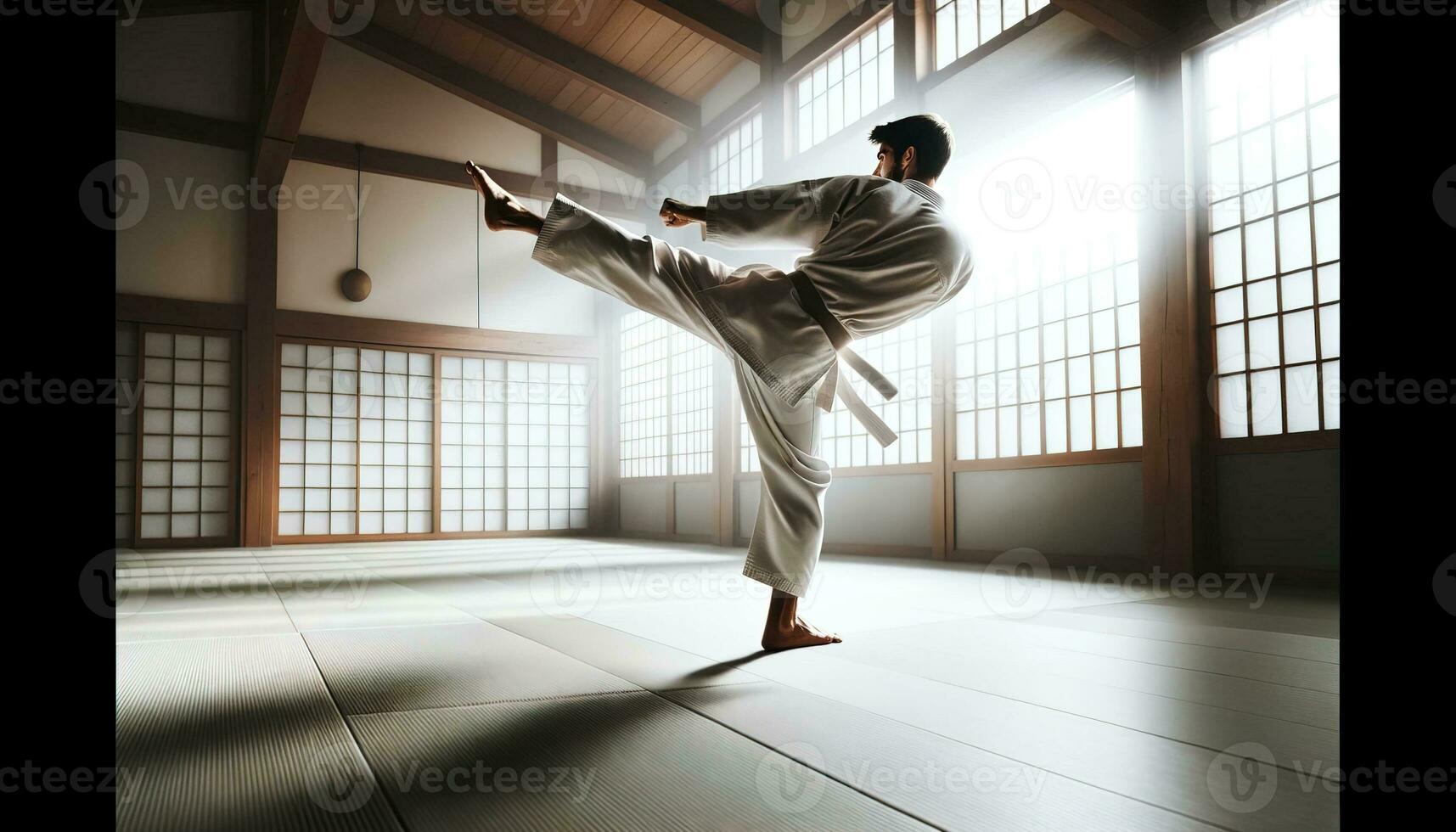 AI generated A man in a karate outfit performing a high kick with focused determination and precision. Generative AI photo