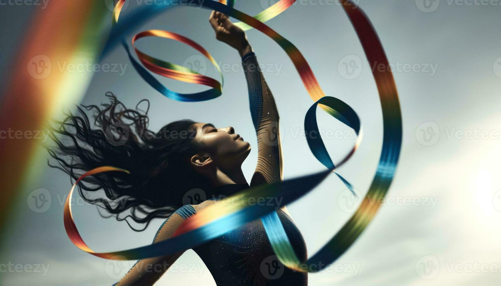 AI generated The female dancer creates a magnificent image with colorful ribbons in her hands. Generative AI photo