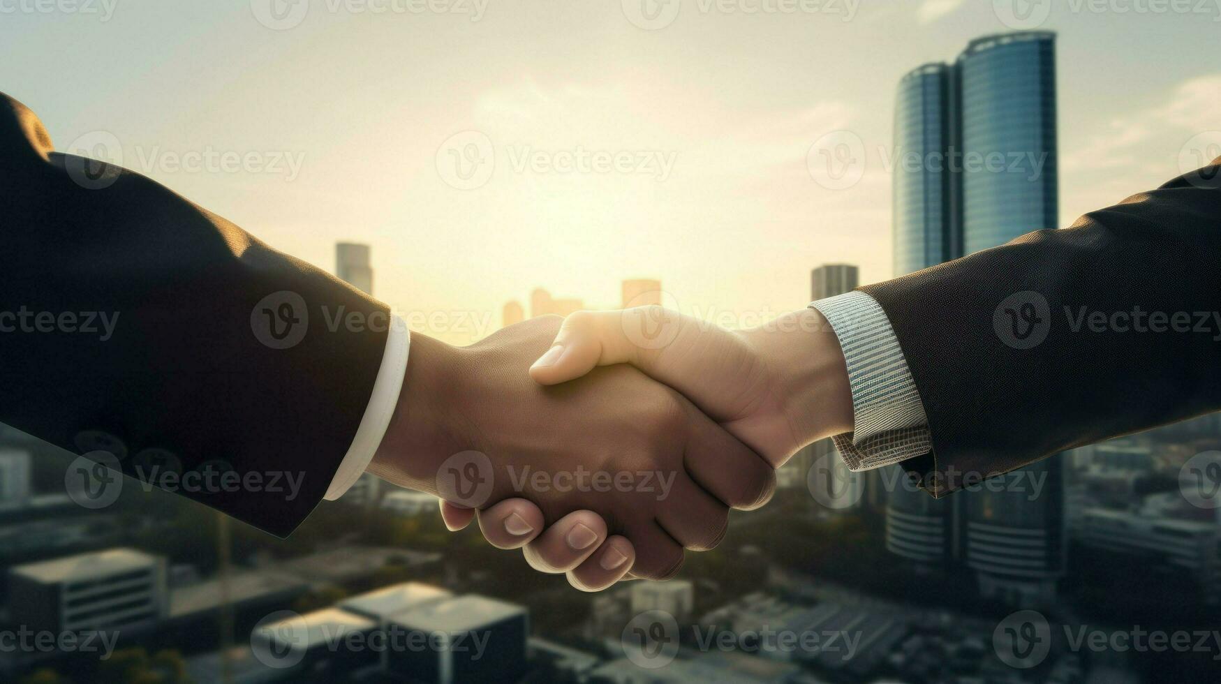 AI generated Business people shaking hands over city skyline. Symbolizes successful partnerships and collaboration in a bustling urban environment. Generative AI photo