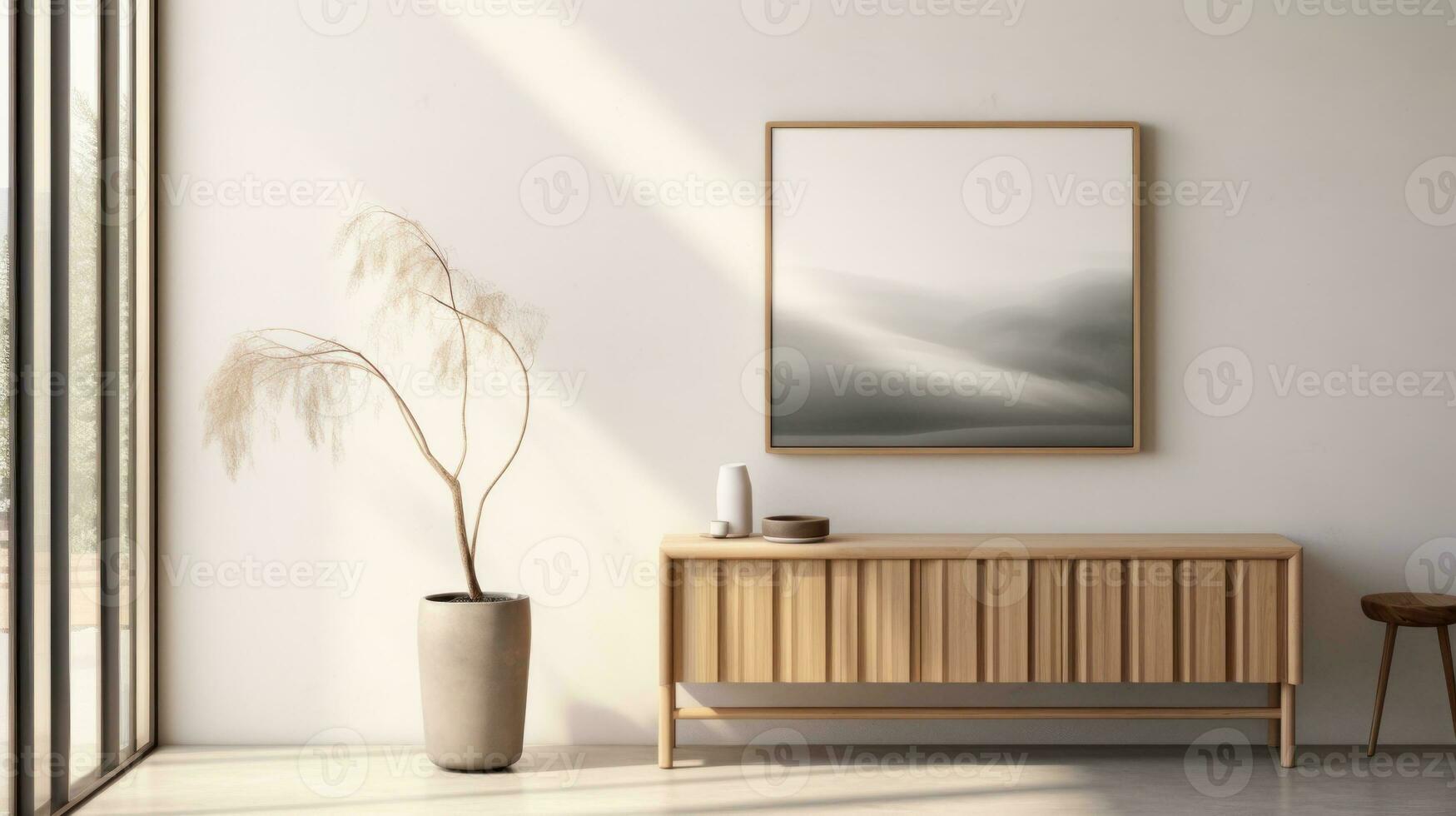 AI generated A modern living room with a wooden cabinet and a painting hanging on the wall. Generative AI photo