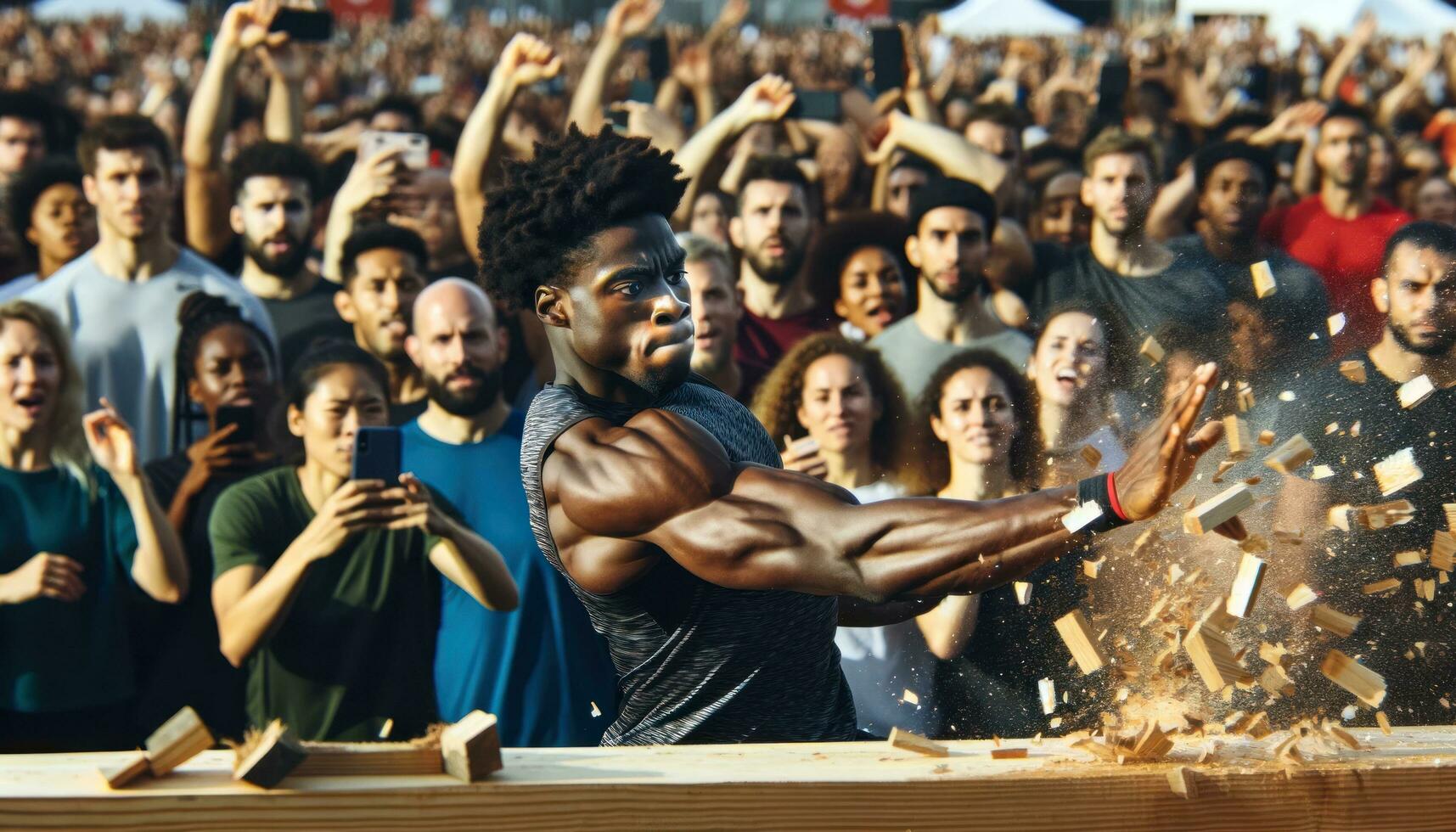 AI generated Athlete breaks a wooden block with his hand in front of the crowd. Generative AI photo