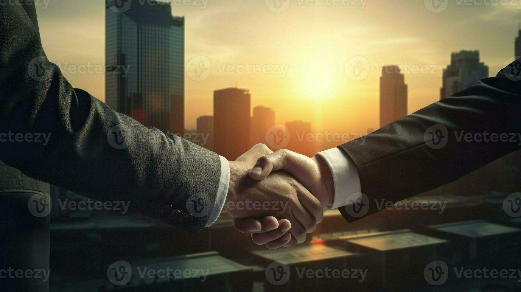 AI generated Business people shaking hands over city skyline. Symbolizes successful partnerships and collaboration in a bustling urban environment. Generative AI photo