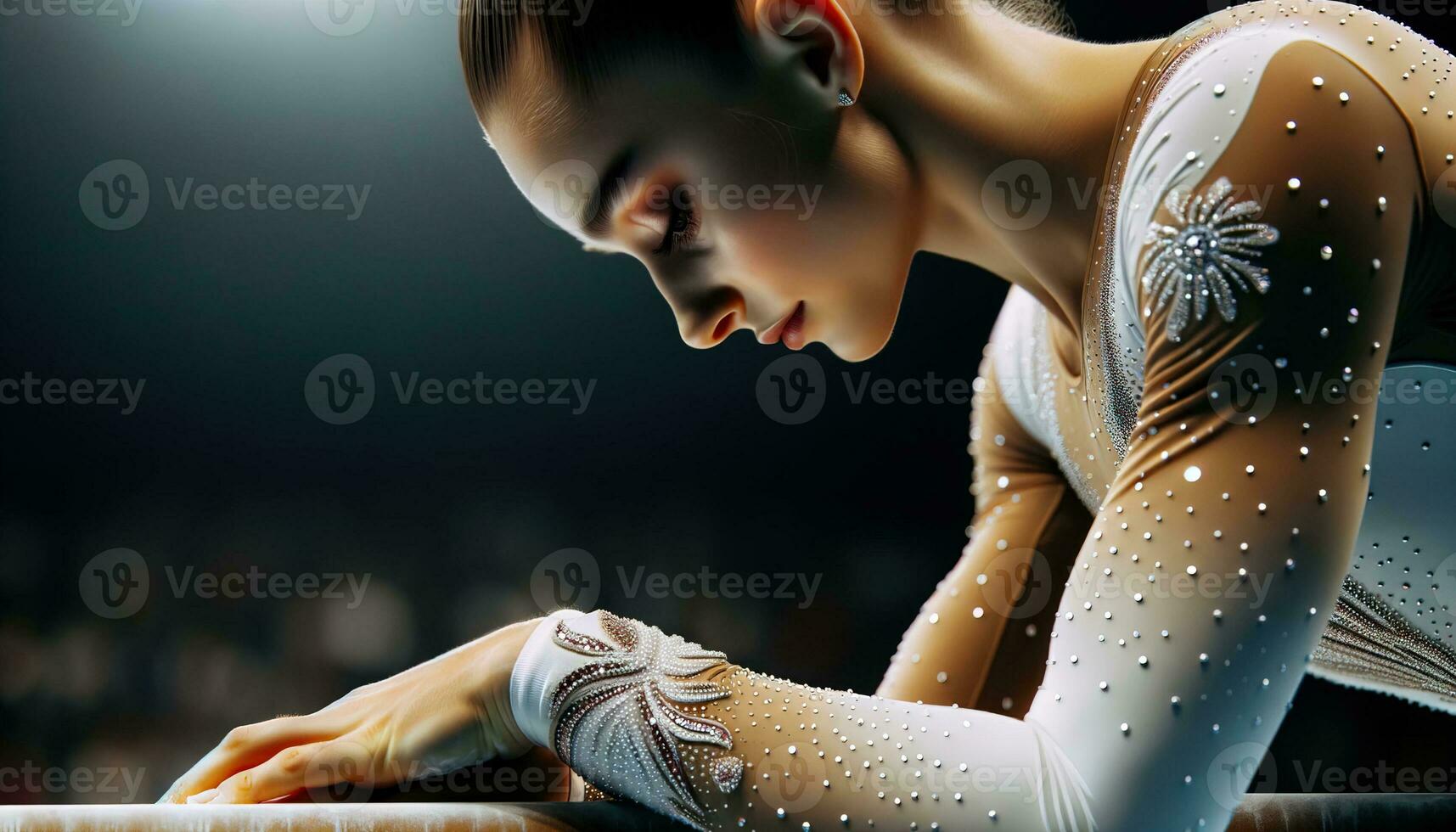 AI generated A female gymnast in a white uniform performs a handstand on the balance beam, showing off her impressive strength and balance. Generative AI photo