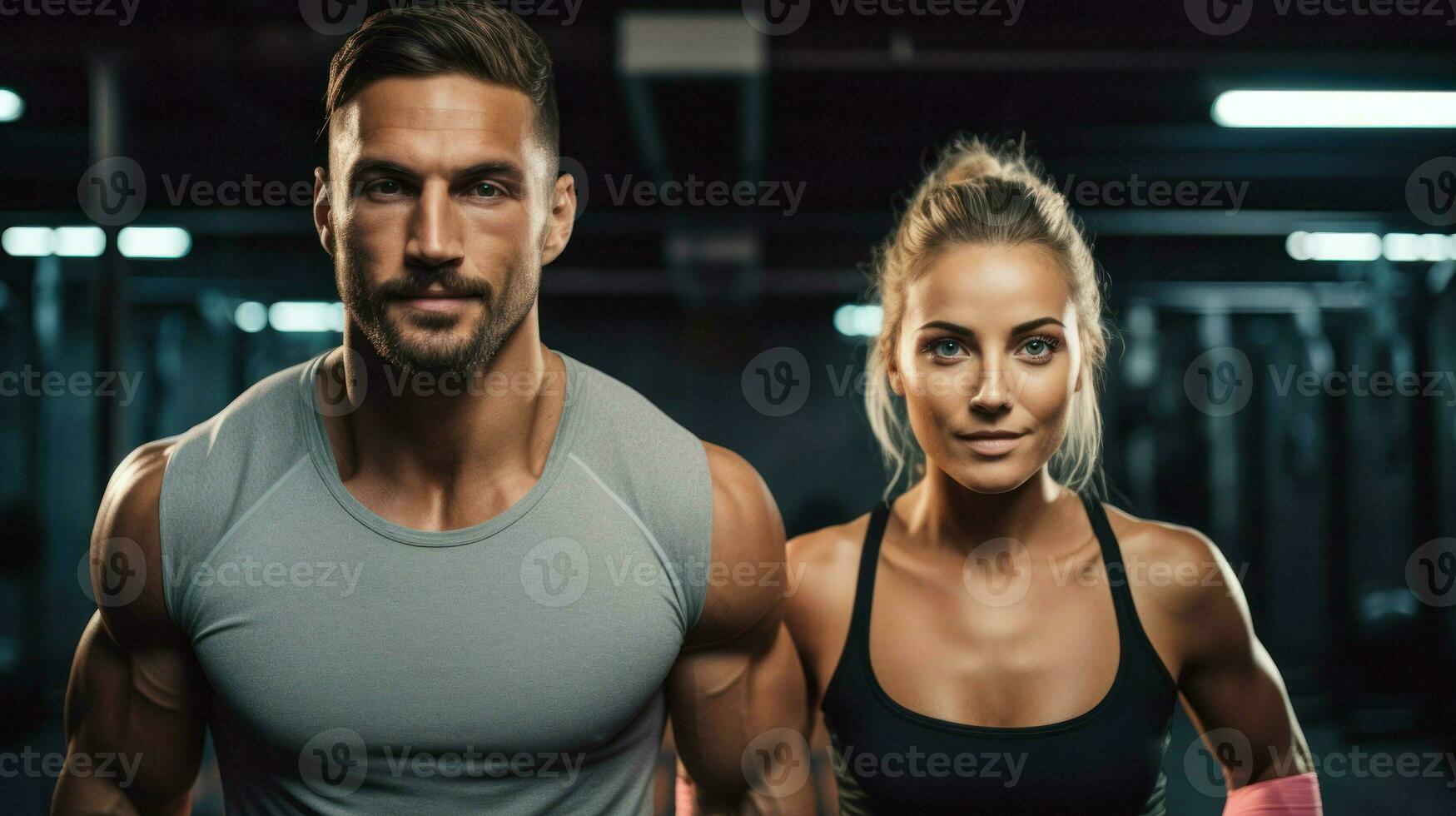 AI generated A man and woman wearing gym clothes, ready for a workout session at the gym. Generative AI photo