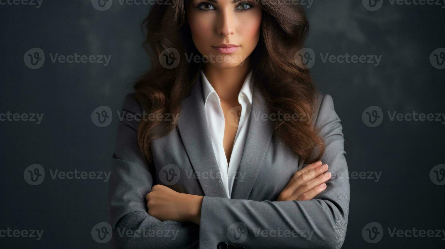 AI generated A professional young woman wearing a suit, exuding elegance and confidence in her business attire. Generative AI photo