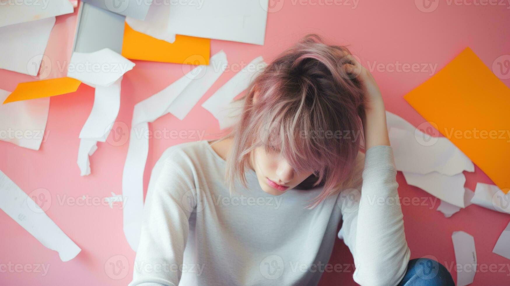 AI generated Stressed woman sitting in a room with papers on the wall. Generative AI photo